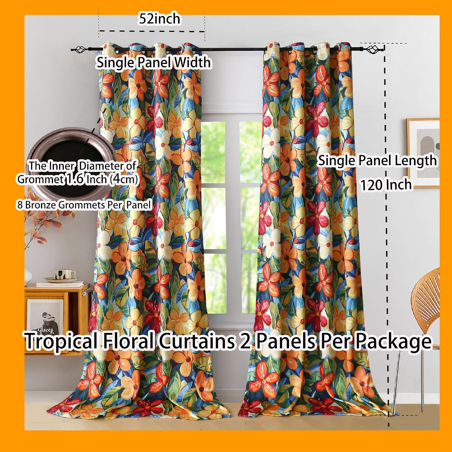 Extra Long Vivid Floral Blackout Curtains 120 Inches Long Printed for High Living Room Window Thermal Insulation,Vibrant Yellow Orange Flower Patterned Drapes Colorful Grommet 52Wx120L 2 Panels