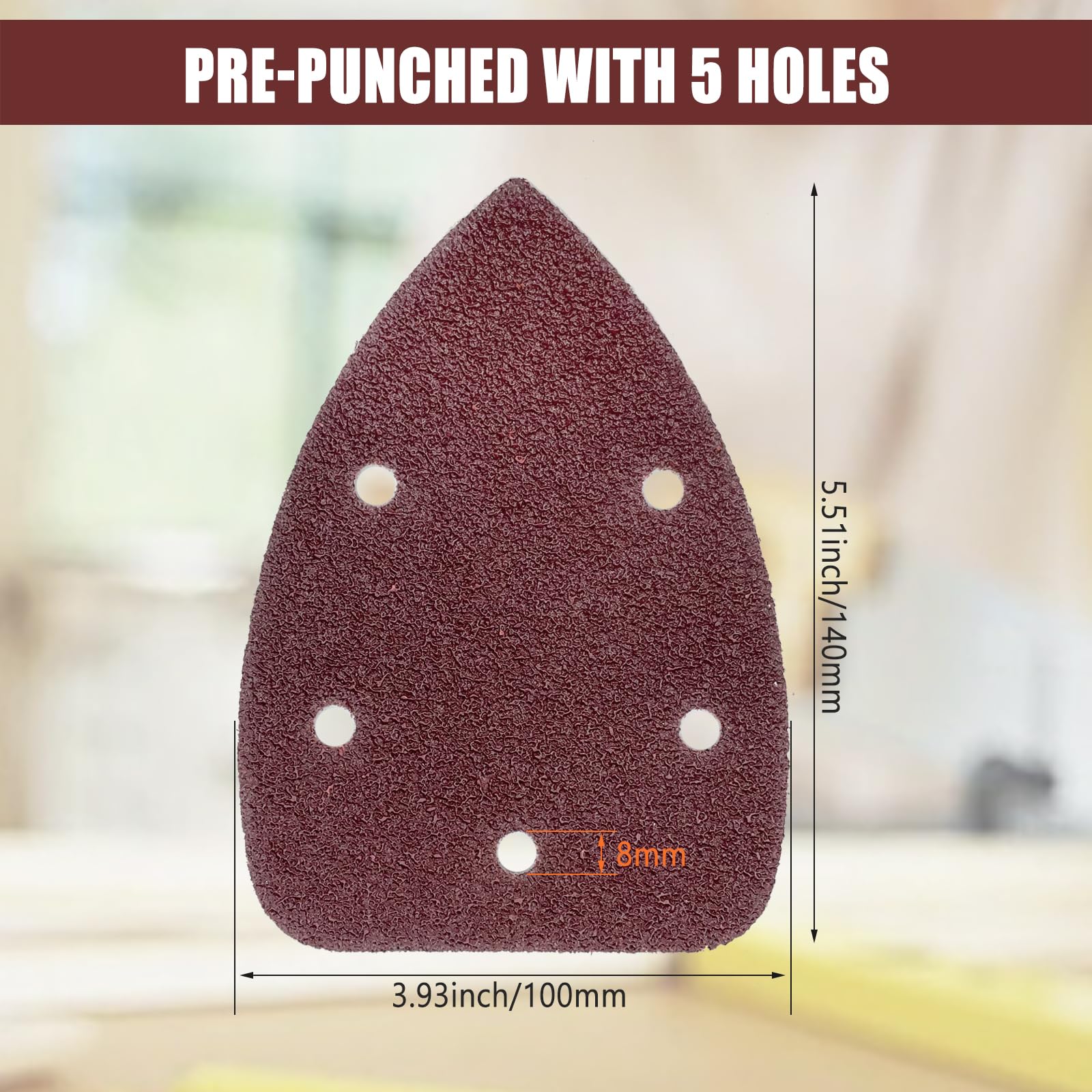 Pack of 50 Sandpaper Triangle Sanders, 5-Hole Sanding Pads Sandpaper Delta Sanders Sanding Sheets for Triangle Sanders 140 x 100 mm - Image 4