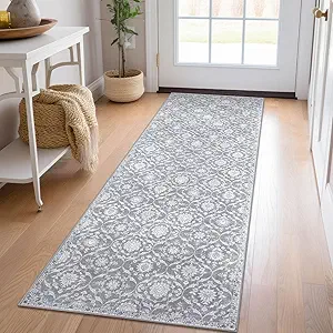 KILOCOCO 2x6 Runner Rug, Moroccan Super Soft Washable Hallway Runner Rug, Accent Print Faux Wool Kitchen Runner Rug 6 Feet Non-Slip Boho Rug Runner for Laundry Room Bedroom, Silver Grey/Blue