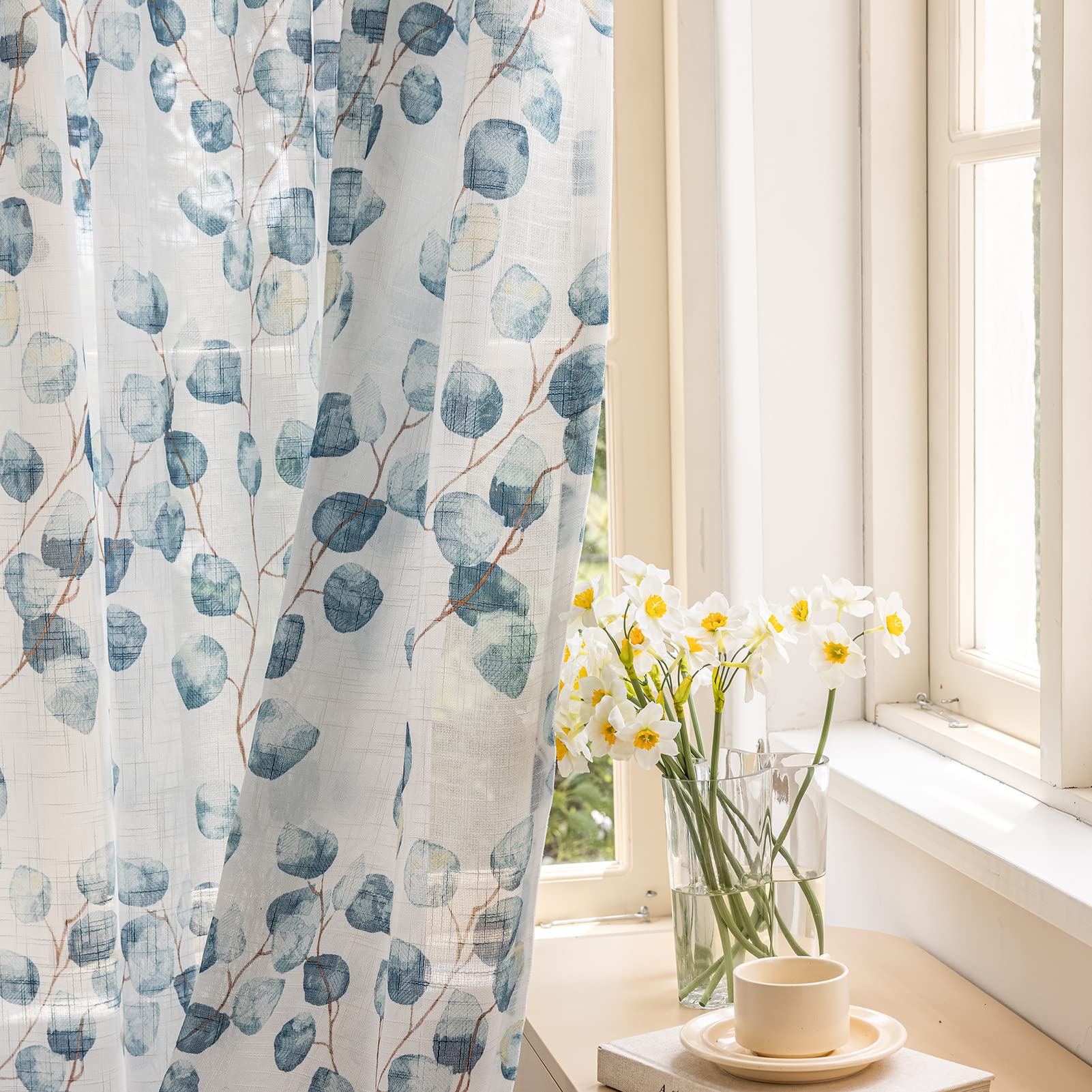SUOUO Blue & White Floral Semi-Sheer Curtains – Linen Texture, Light Filtering, Rod Pocket Style – 96" Long, 2 Panels