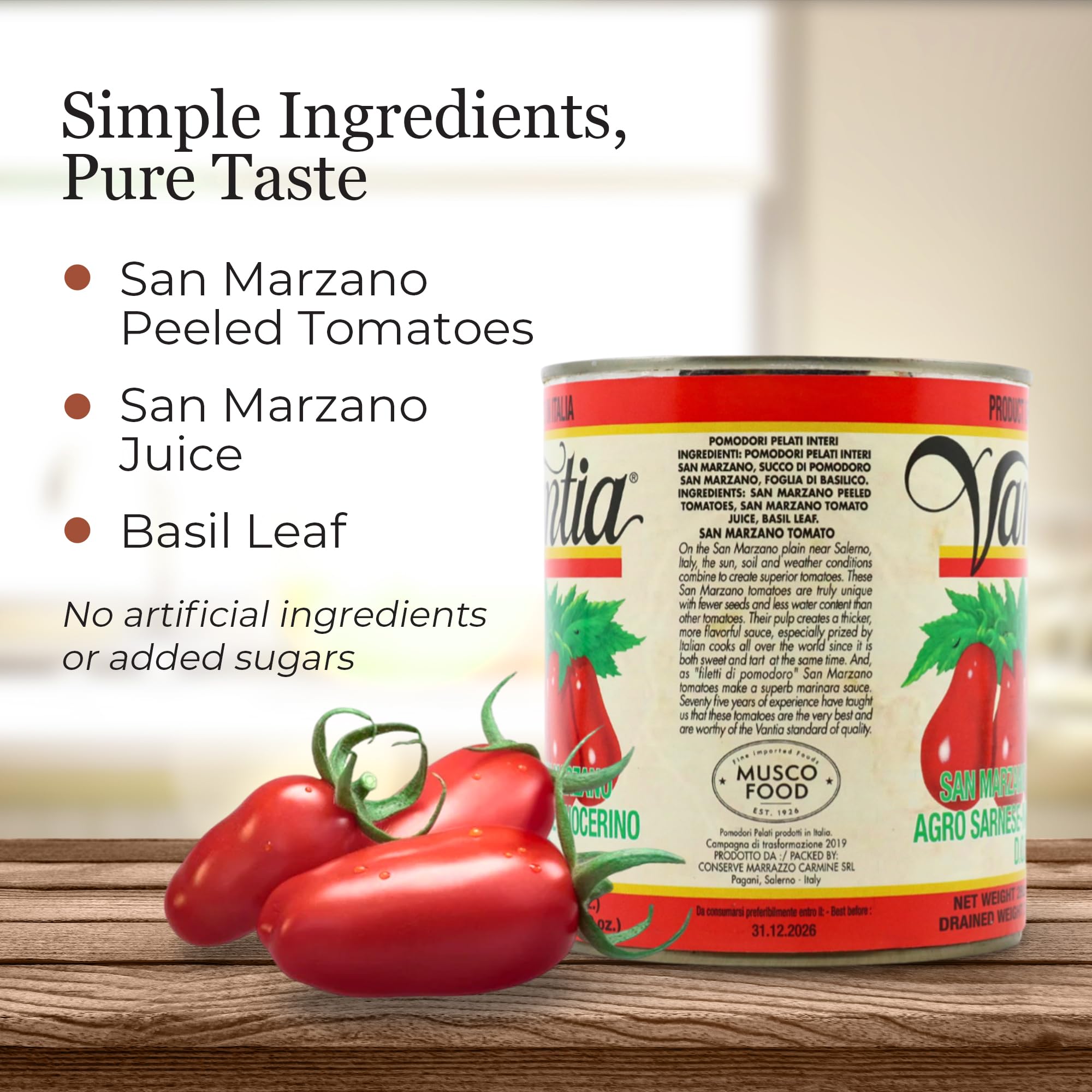 Vantia D.O.P. San Marzano Tomatoes 28 oz Can – Imported Italian Certified Tomatoes from Agro Sarnese-Nocerino, Sweet & Low-Acid, Ideal for Authentic Pizza & Pasta Sauces