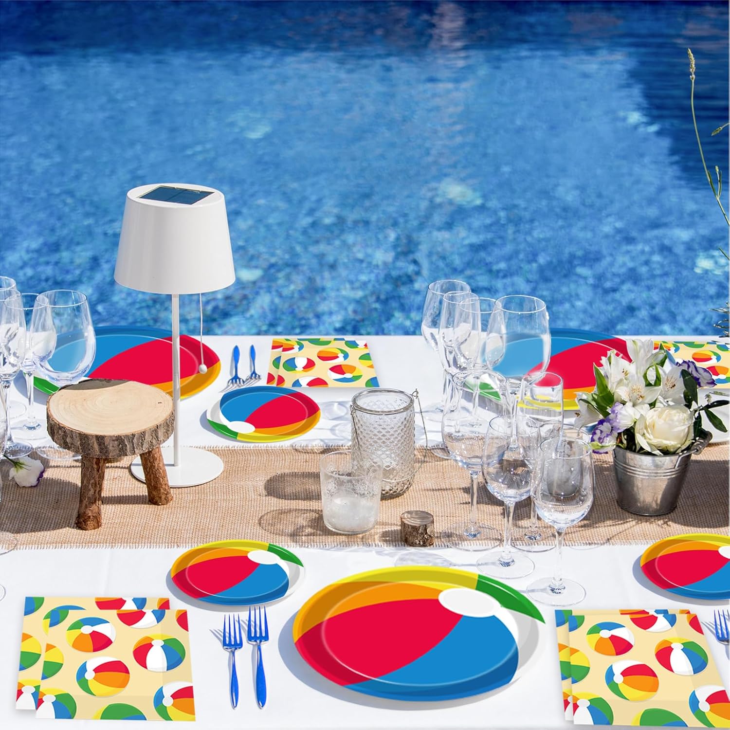 Kepeel 200Pcs Summer Pool Beach Party Tableware Set, Beach Pool Ball Party Decorations Supplies for Kids Boys Girls Summer Hawaiian Party Disposable Dessert Plates Napkins Forks Favors, Serve 50
