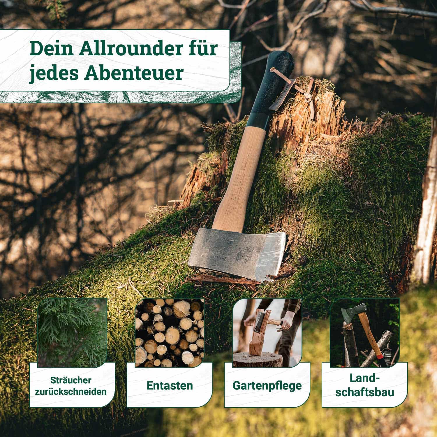 Adler Yankeeyxa avec Protection en Cuir : Hache en Bois forgé en Acier C60 avec poignée en Hickory de 38 cm, Surface extérieure antidérapante, pour Le Camping et la randonnée, Vert/Noir, 650 g
