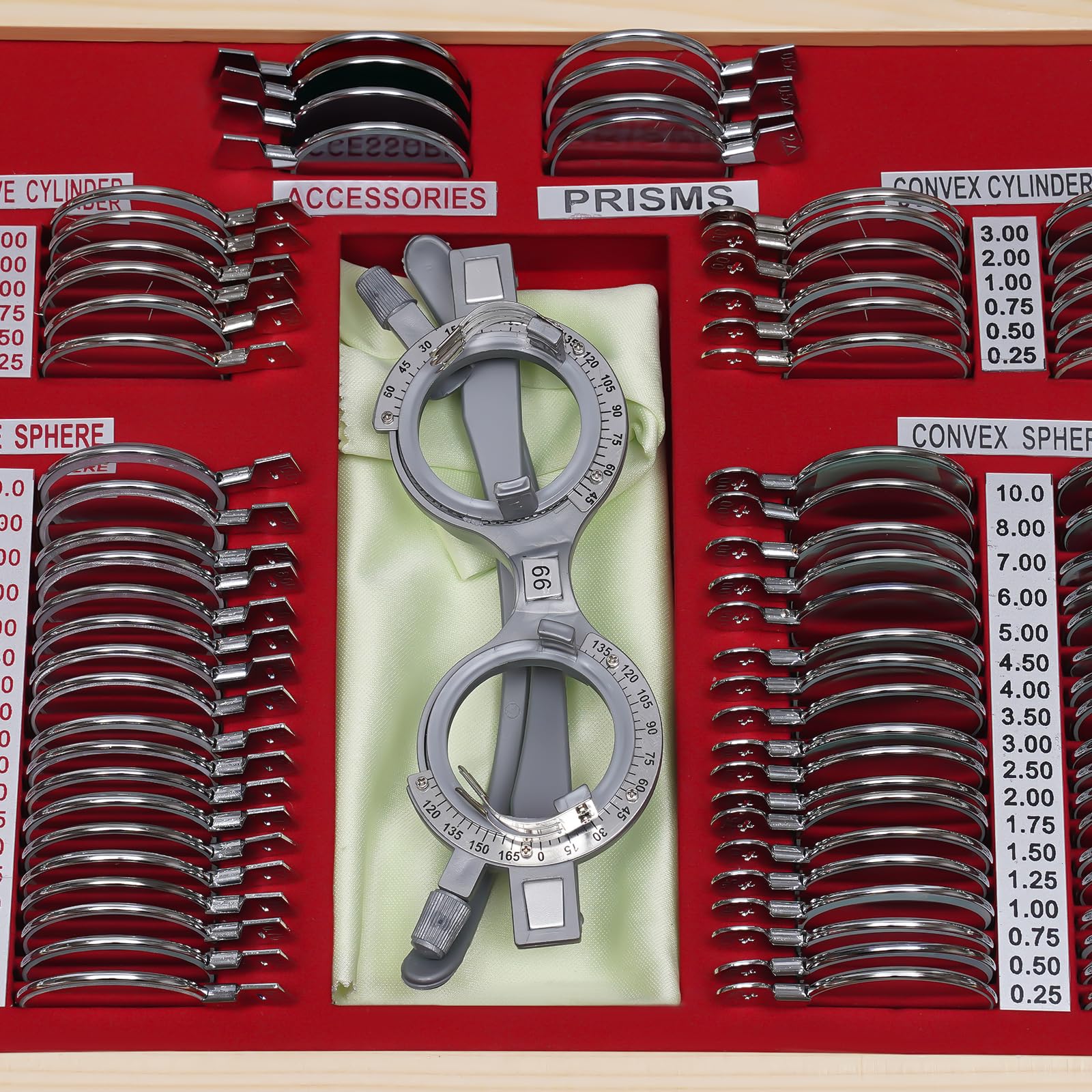 Trial Lens - Set di lenti di prova, 104 pezzi, lenti con occhiali di prova, in metallo, ottometria, lenti di prova, lenti ottiche, con telaio ottometrico e valigetta ottometrica