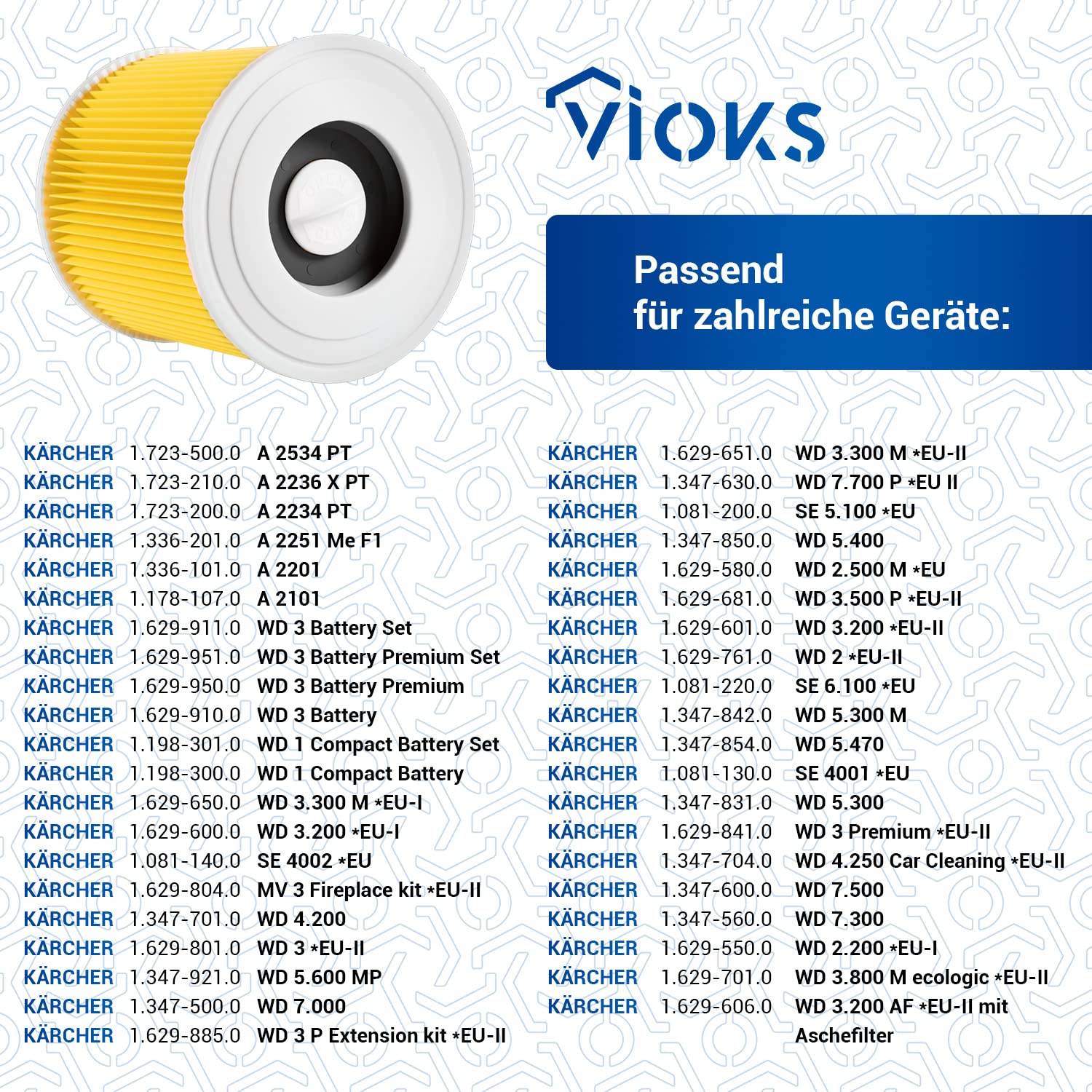 VIOKS Filtre de rechange pour aspirateur Kärcher 6.414-552.0 64145520 2.863-303.0 28633030 KFI3310 - Filtre pour aspirateur eau et poussière WD1 WD2 WD3 KWD1 KWD3 SE4001 SE4002