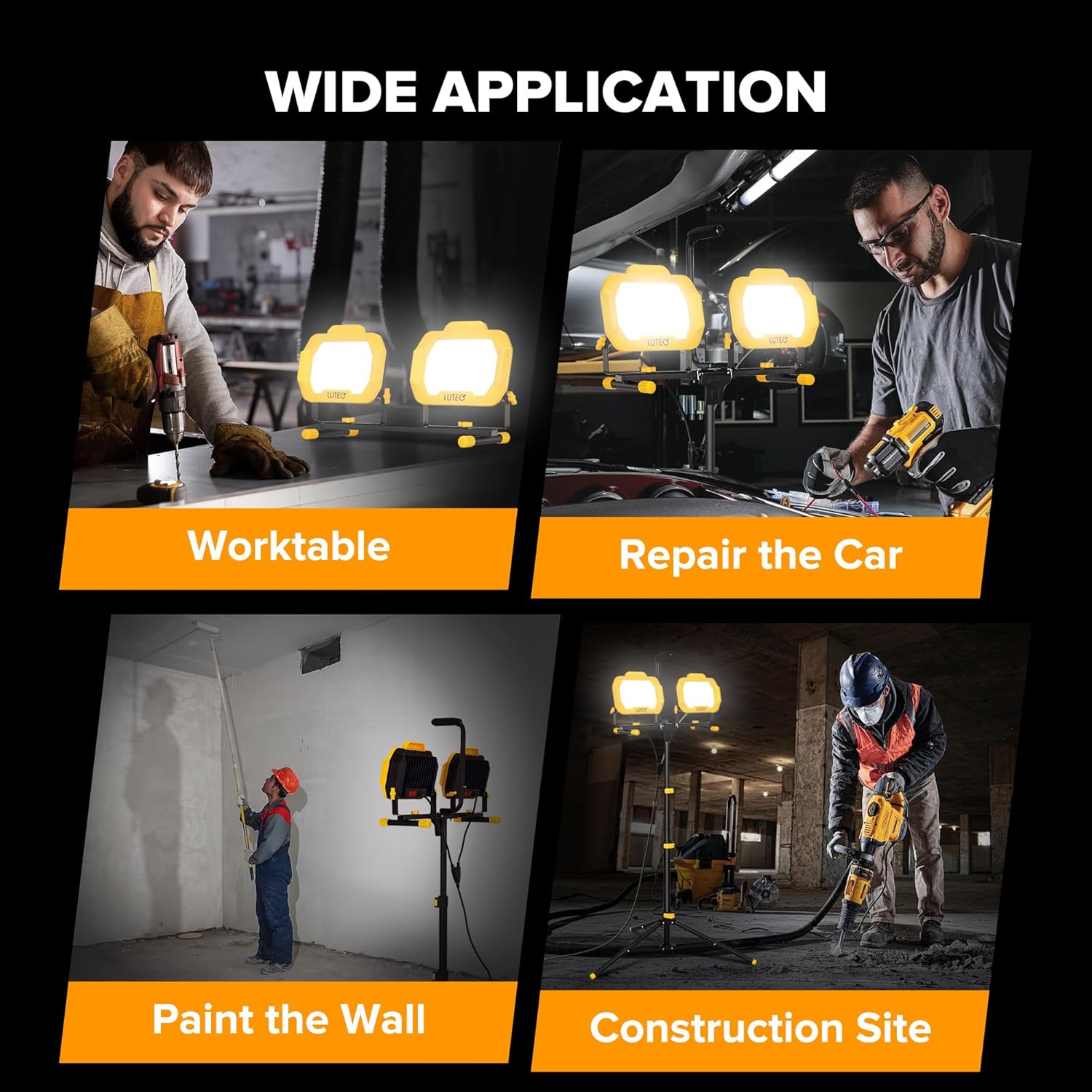 LUTEC 25000 Lumen LED Work Lights with Stand, Dual Head Dimmable Work Light with 6 Brightness Levels, IP65 Waterproof Rotating WorkLights with Telescoping Tripod and 8.2 Ft 3-Prong Power Cord - Image 8