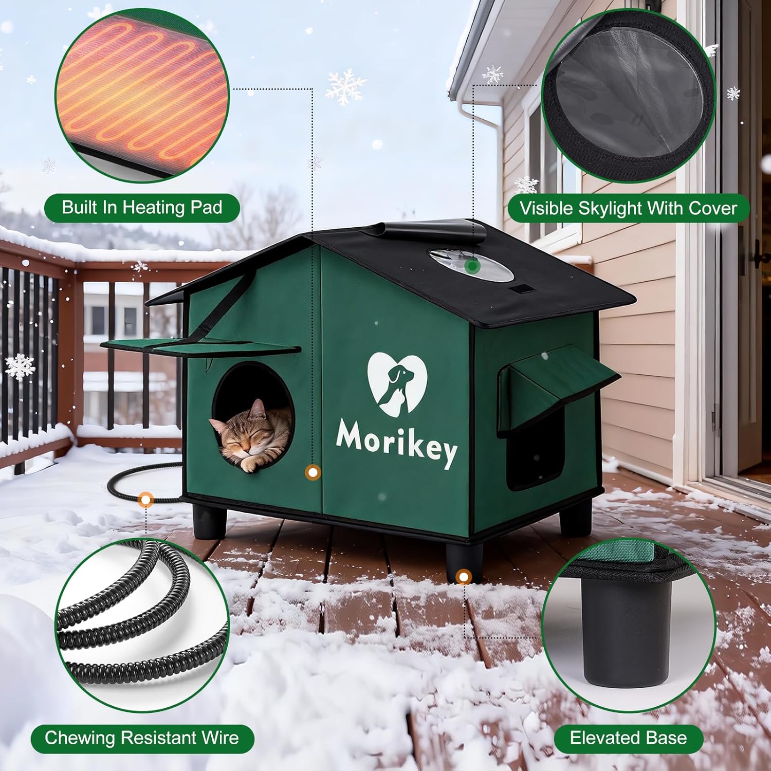 Heated Cat House for Outside, Insulated Outdoor Cat House with Heating Pad, Weatherproof Cat Shelter with Elevated Base & Safe Escape Door, Ideal for Stray and Feral Cats, 14.1"x16.5"x24.4"