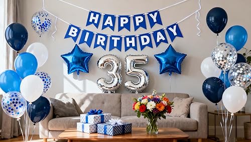 Vista 42 de Decoración de fiesta de cumpleaños número 31, color azul plateado para hombres, pancarta de feliz cumpleaños número 31, globos de papel de aluminio