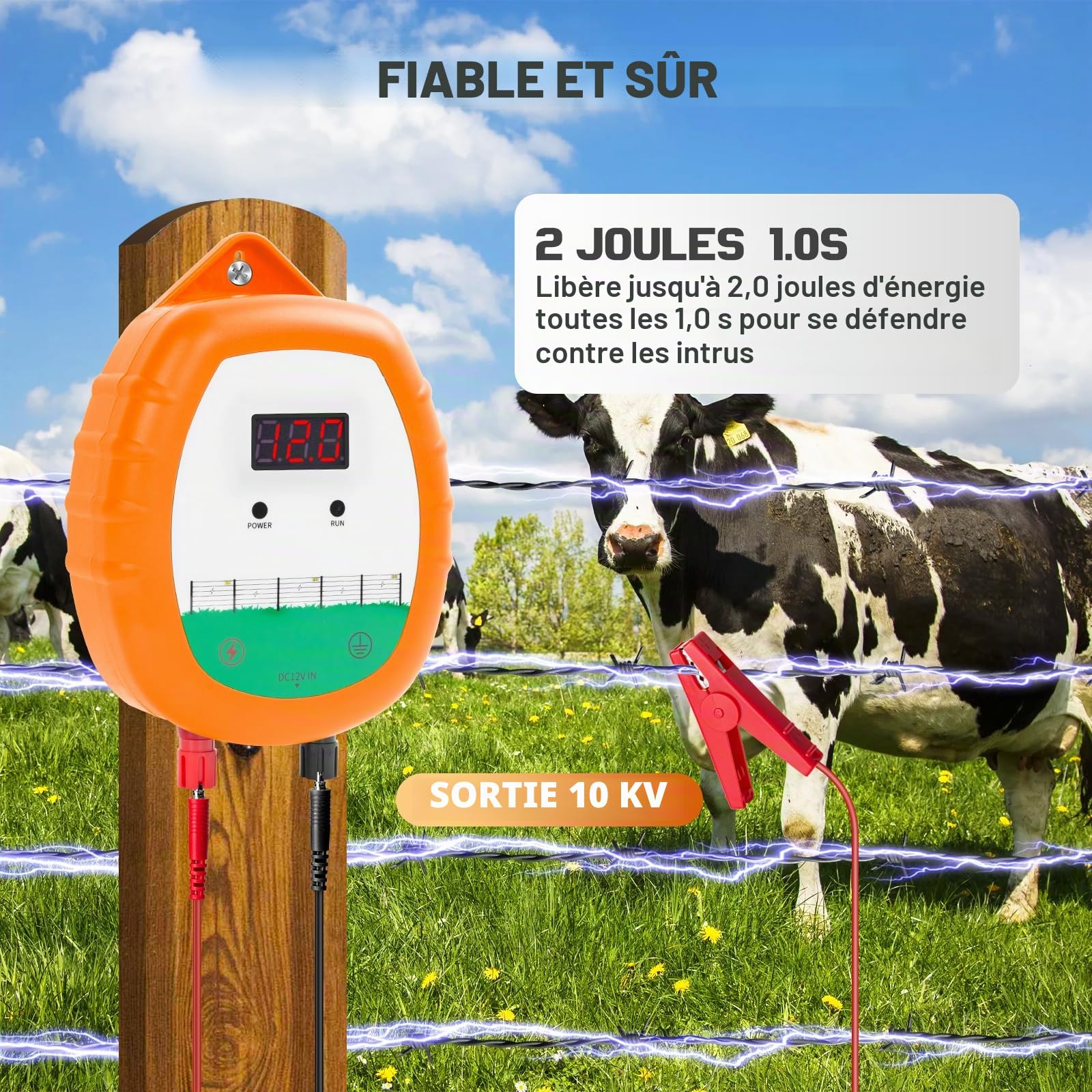 Cloture Electrique de 10 km Clôture électrique Kit : 1 électrificateurs + 1 fil canducteurs 200 m 2,2 mm² + 1 étui étanche - Clôture électrique pour bétail, chevaux, bergers (Orange)