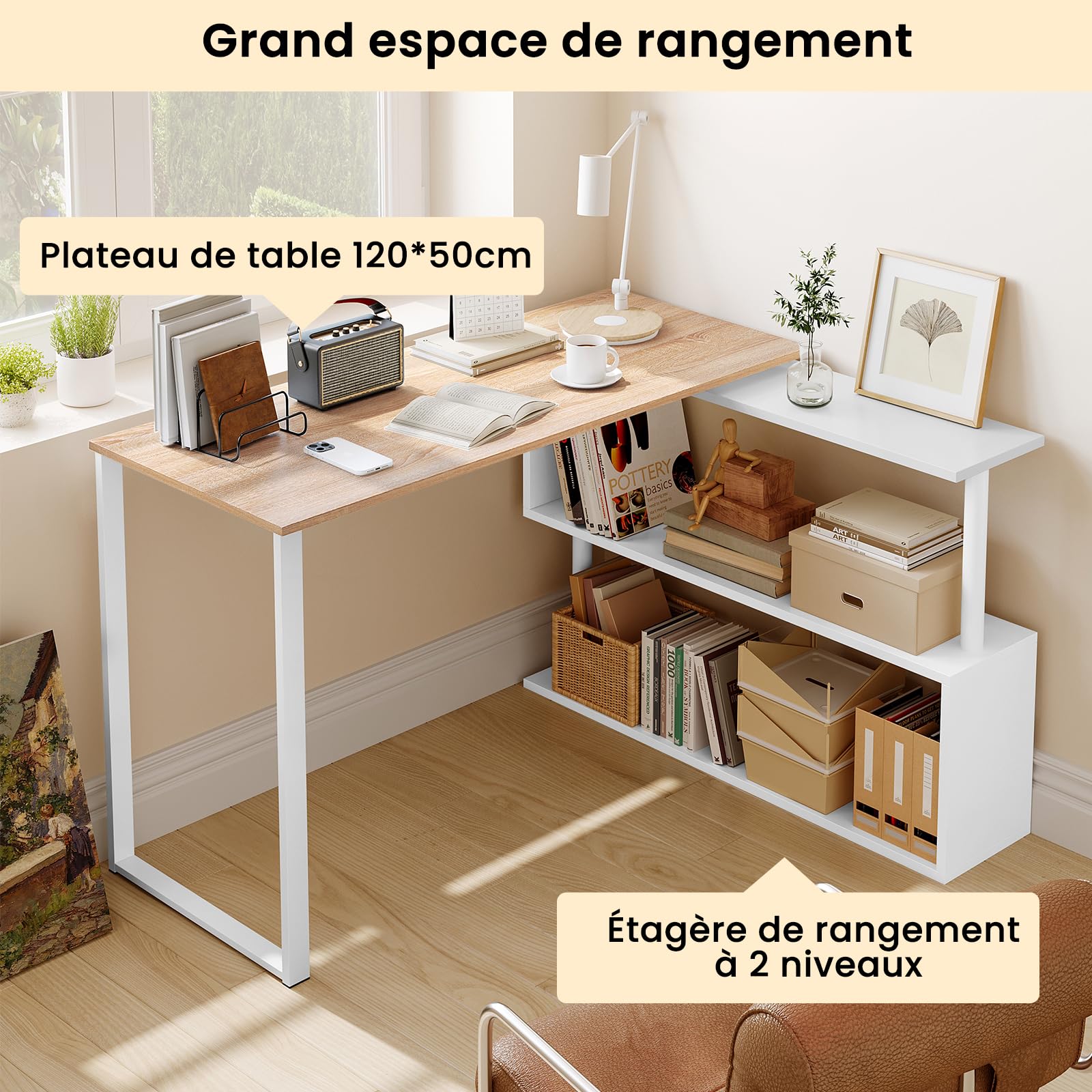 WOLTU Bureau d'angle en L, Table de Travail PC, Blanc