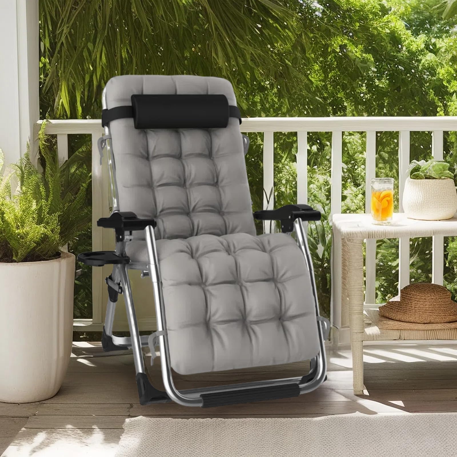 Tumbonas Plegable Jardin Exterior 65cm Ancho Hasta 240KG, Silla Reclinable Jardín con Cojín, Funda y Portavasos, Transpirable Ligera, Tumbona Gravedad Cero Aluminio para Terraza, Piscina y Playa