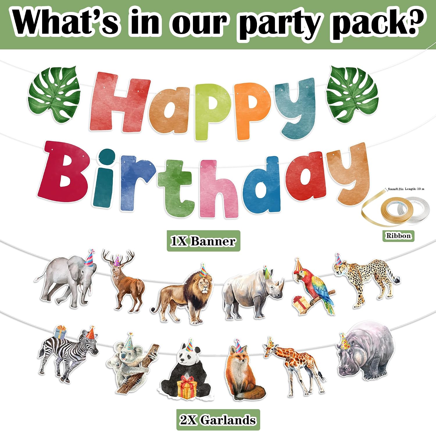 Animal Birthday Party Decorations Banner - Jungle Theme Happy Birthday Decoration Banner with Banners Garland, Wild Animals Themed Bday Baby Shower Party Supplies for Boys Girls