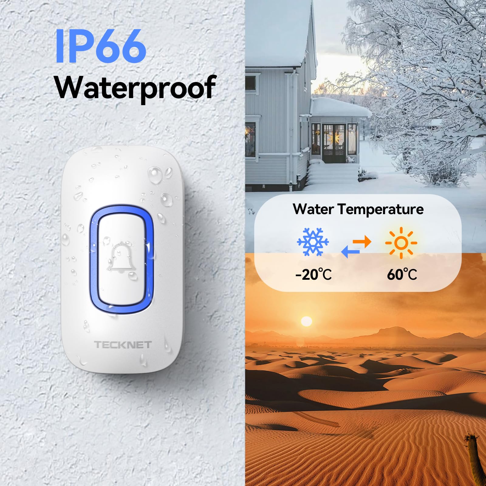 TECKNET Timbre Inalámbrico 2 Receptor, Timbre Inalámbrico Exterior con Enchufe Impermeable IP66, 400M de Alcance Doorbell con 5 Niveles de Volumen Ajustable, 60 Melodías, Indicador RGB
