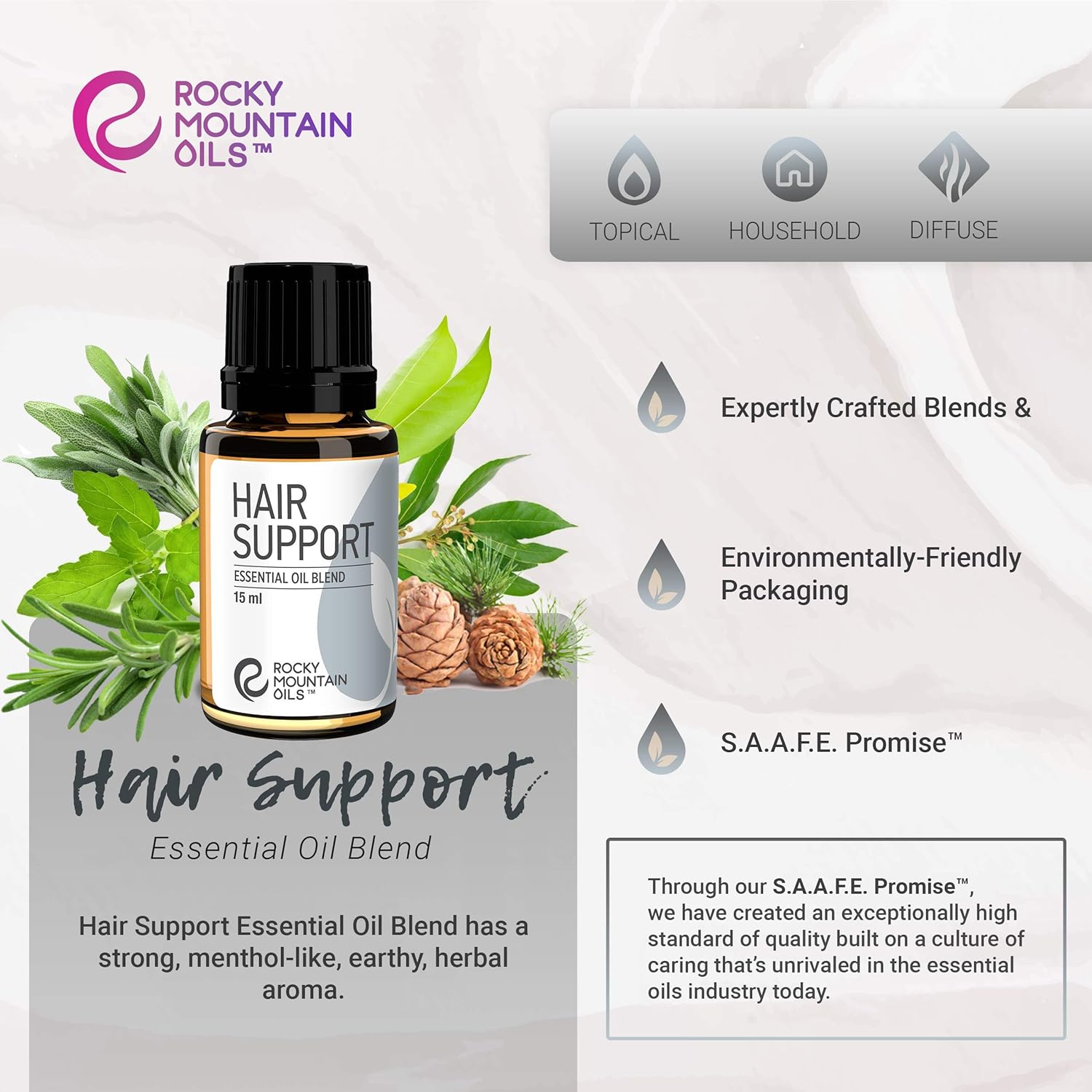 Rocky Mountain Oils Hair Support Essential Oil Blend with 100% Pure and Natural Essential Oils - Aromatherapy Oils for Diffuser, Topical Use for Hair Growth, Home Cleaning Oils - 15ml