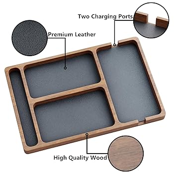 Juvale Nightstand Organizer Tray - 14 X 10 X 1.5 In, Black Faux Leather - Valet Tray For Men With 6 Compartments For Watch, Jewelry & Keys