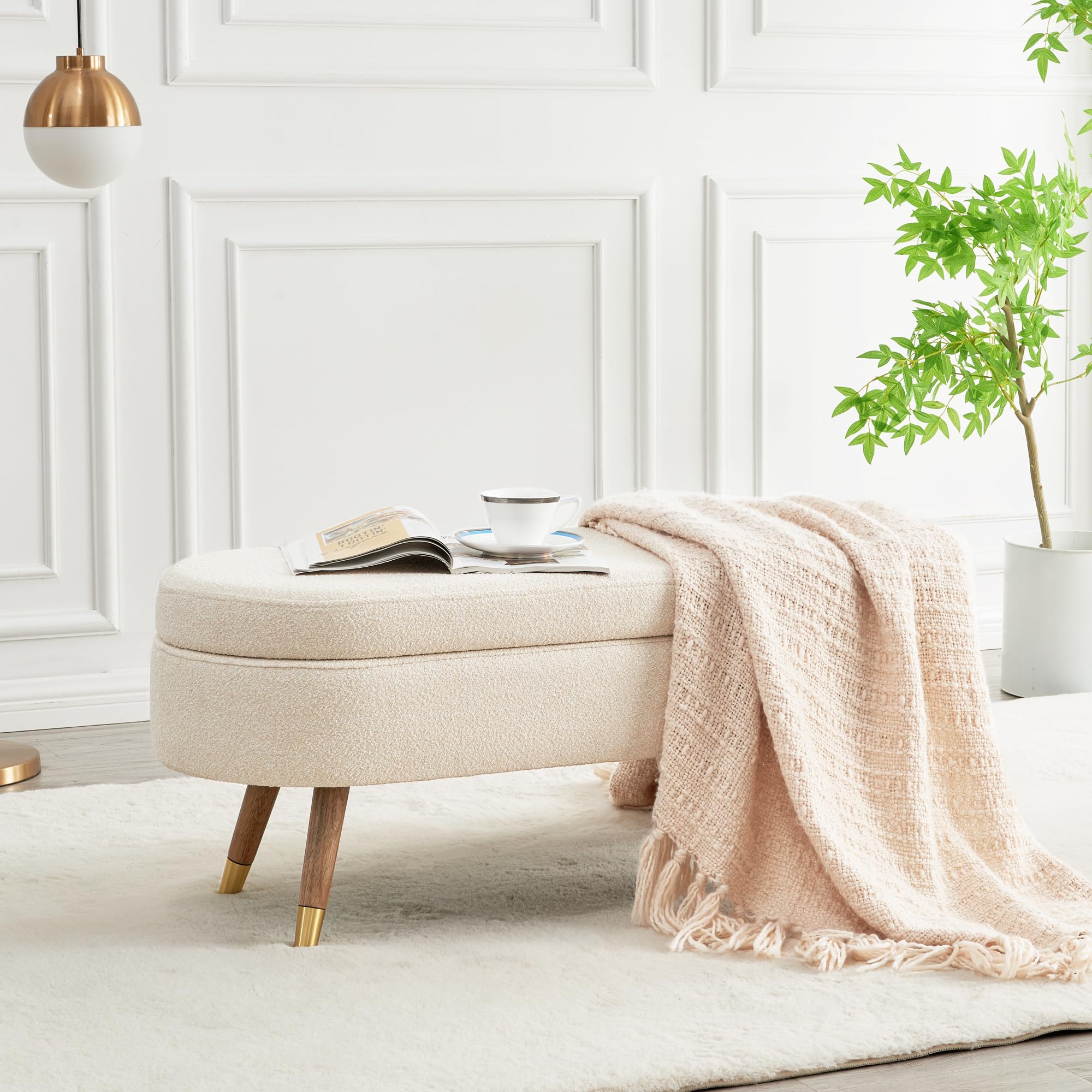 IAFIKE Oval Storage Bench 43.5" Ottoman Bench Upholstered Boucle Fabric Footrest Bench with Golden Metal Legs End of Bed for Bedroom, Living Room, Entryway,Bed Side (Beige)