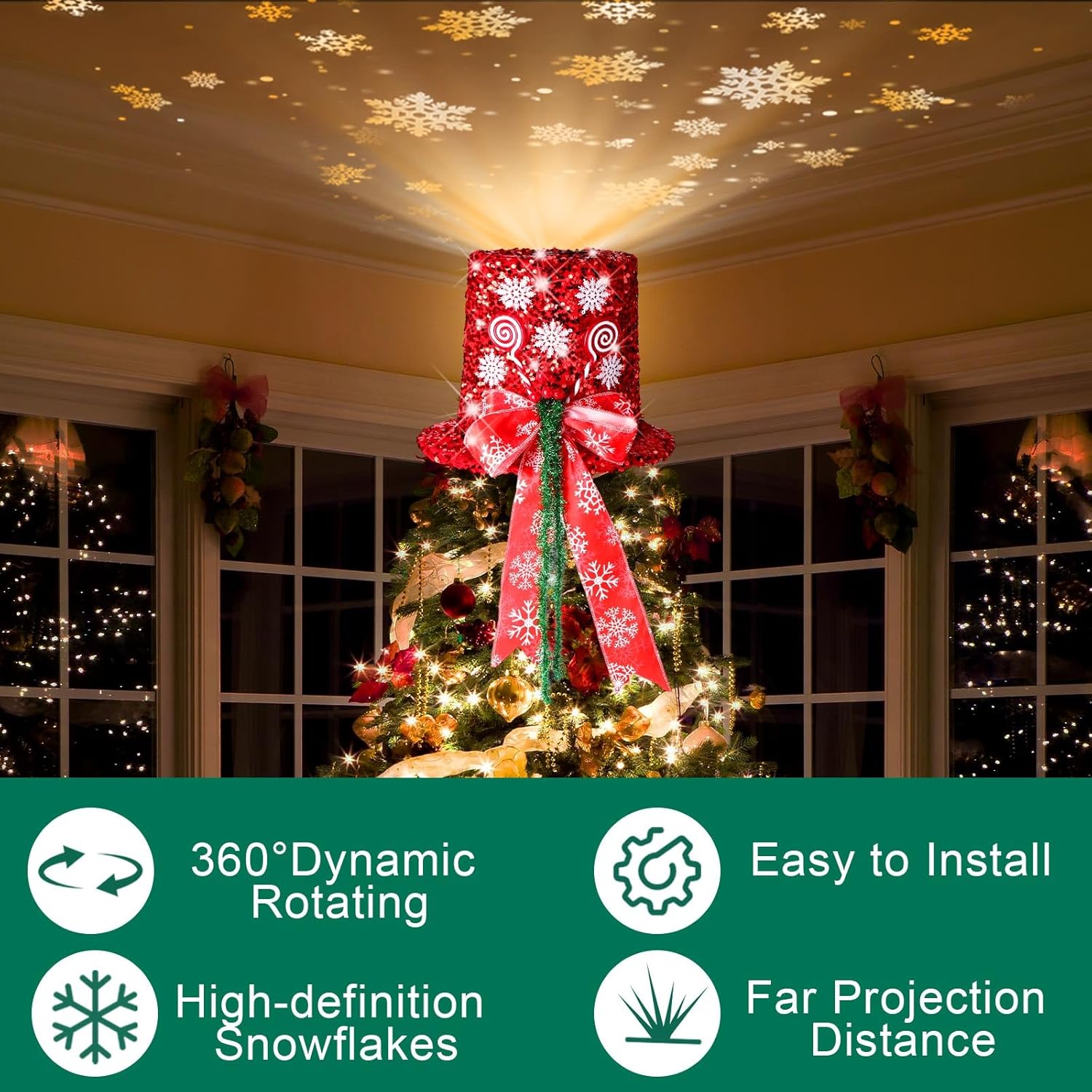 Rossesay Christmas Tree Topper Hat with Winter Snowflake Projector Lights Shiny Sequins Hat with Red Snowflake Bow Tree Topper for Xmas Winter Holiday New Year Indoor Office Tree Decoration