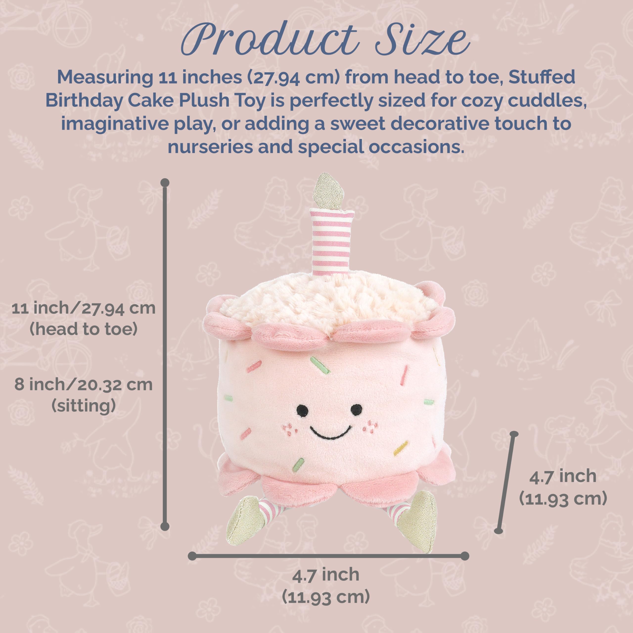 MON AMI  Soft Stuffed Plush Toy – 7”, Handcrafted Squishable Fruit Plushie, Use as Toy or Nursery Room Décor, Great Gift for Kids of All Ages: Birthday Cake (Pink)