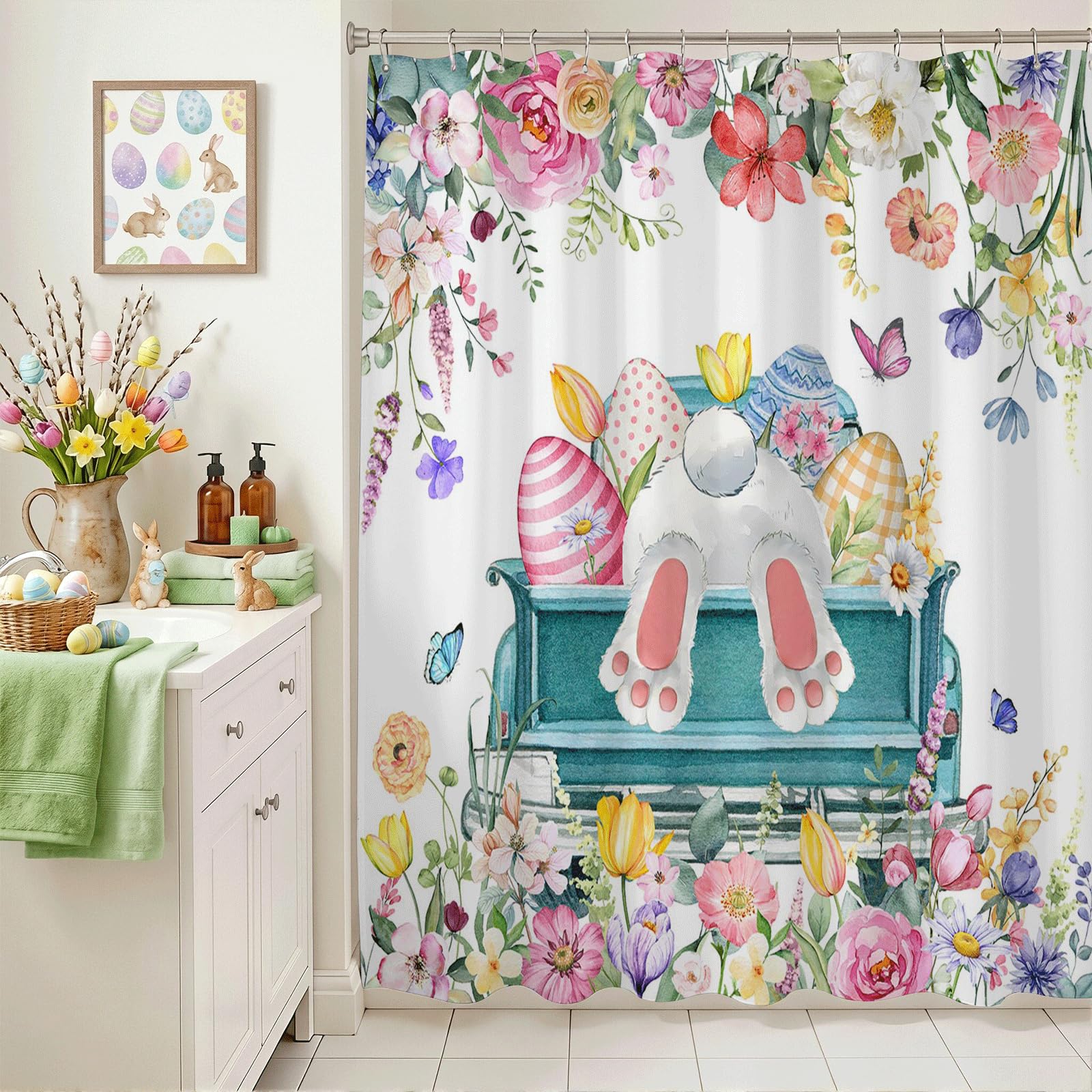 Condition photo showing New/Like New for lindameler easter shower curtain spring floral bunny shower curtain set rabbit eggs truck happy easter bath decor waterproof fabric washable curtain with 12 hooks (white, 72x72 inch, truck)