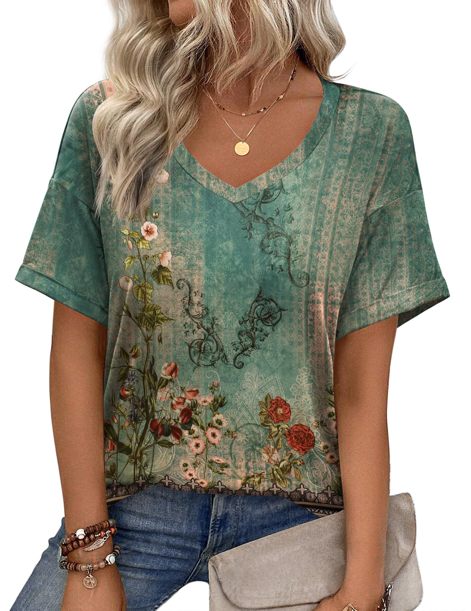Womens Summer Tops Short Sleeve Casual Shirts Floral Tee Trendy 2026 Basics V Neck Plain Tshirt