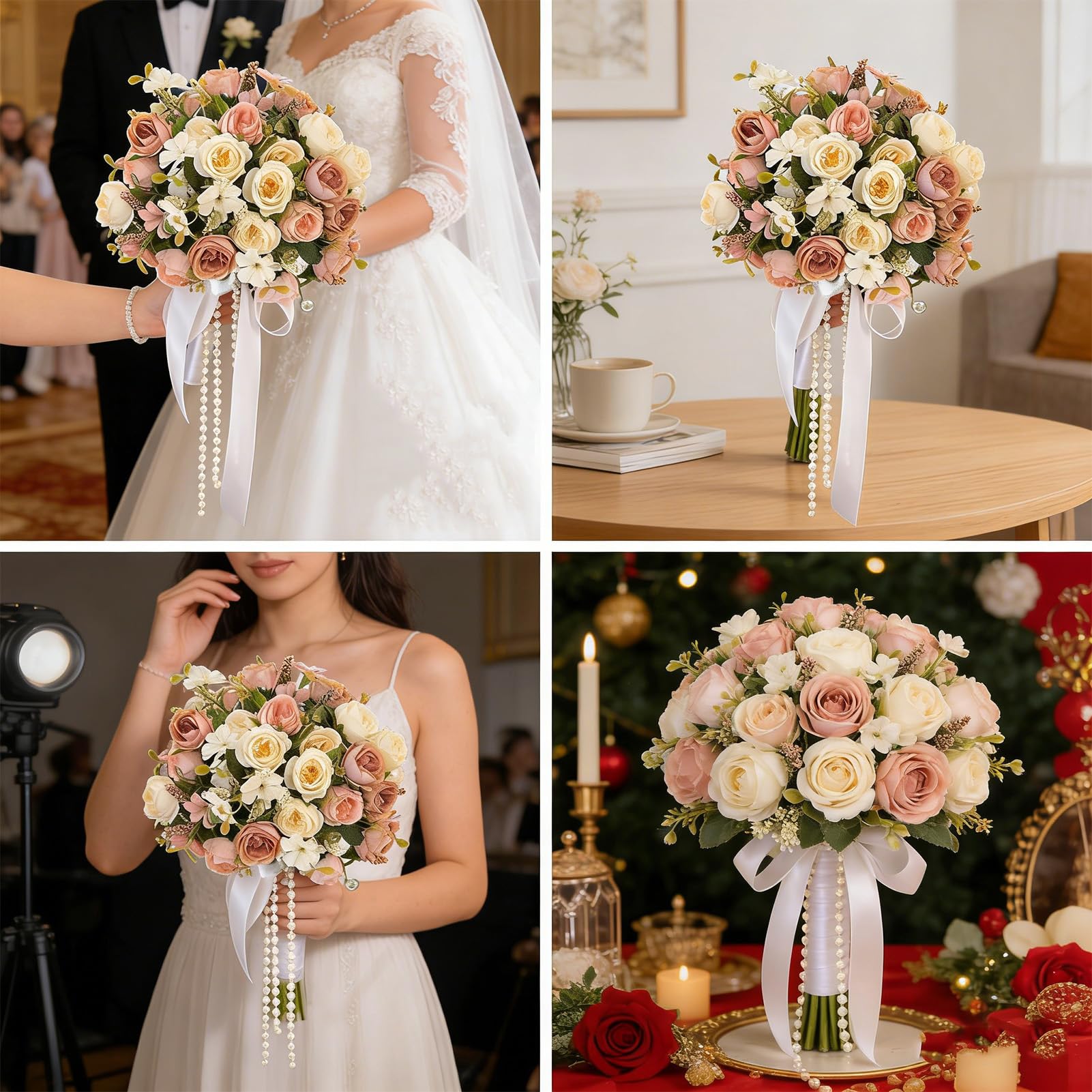 Hochzeitsstrauß für die Braut – Kunstblumenstrauß mit realistischen Rosen und Grünpflanzen, Kunstblumenstrauß als Tischdekoration, Blumenarrangement, Wohnraumdekoration,Style g