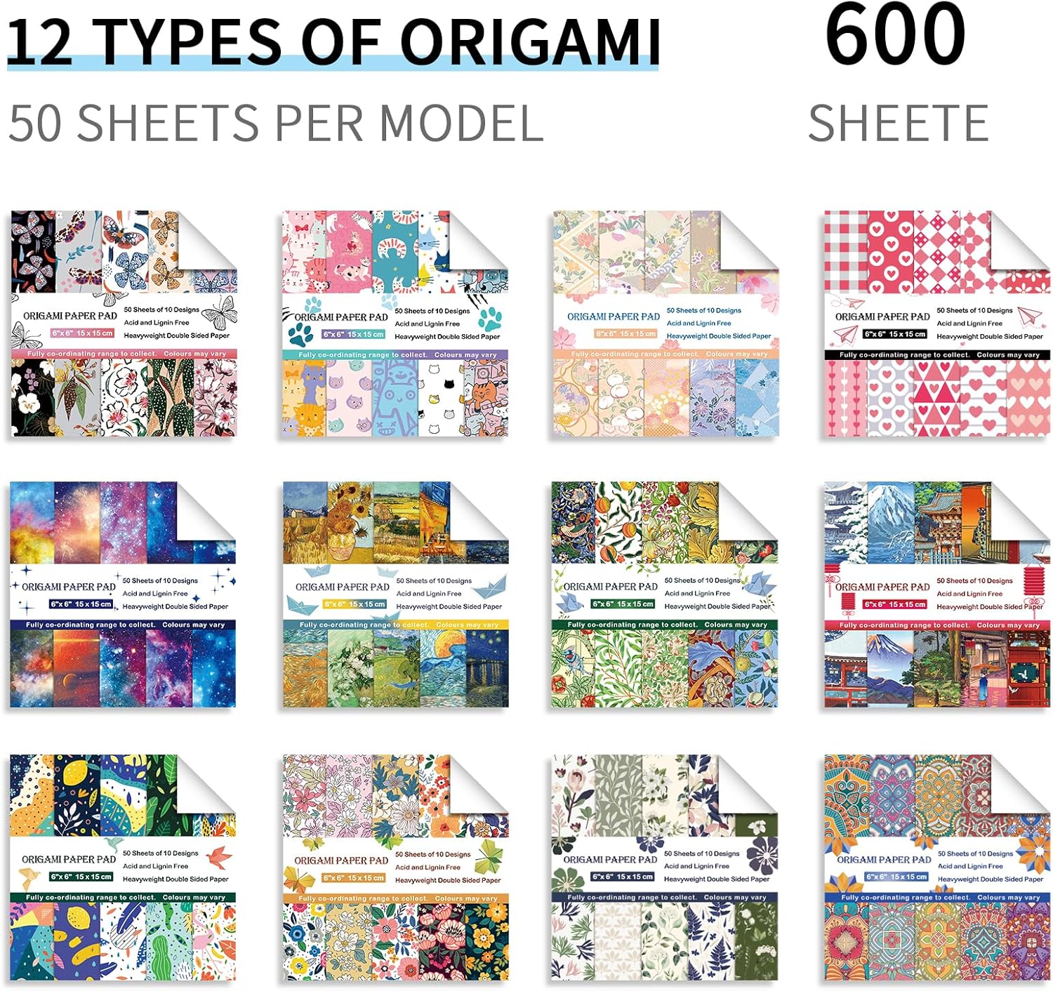 12 Pack/Sets Origami Paper Kit Double Sided 6 Inch Japanese Chiyo Square Easy Fold Arts Crafts DIY Handwork Origami Papers