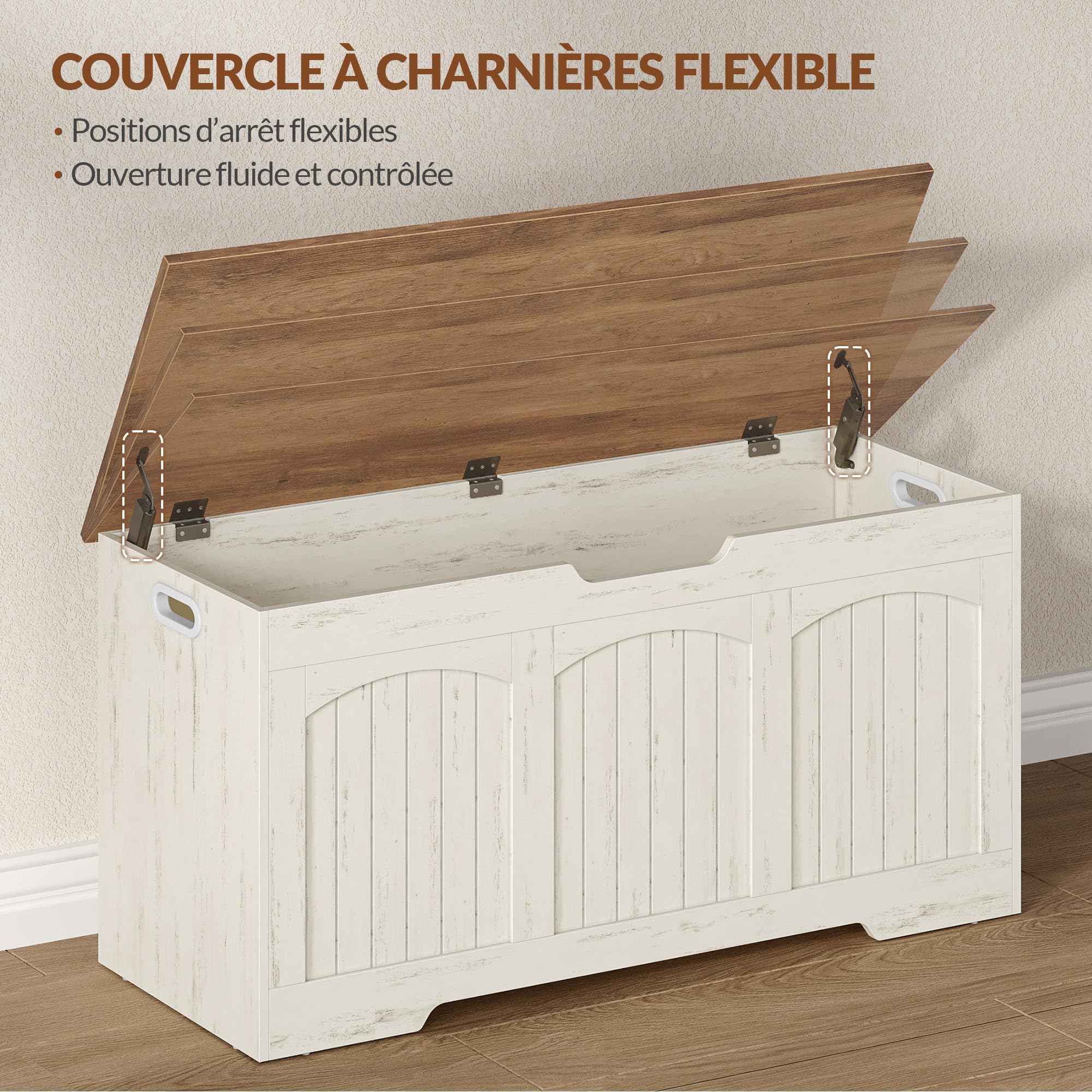Banc Coffre de Rangement, 100 x 40 x 48 cm, Blanc et Marron | Charnières de Stabilité, Poignées Latérales Creuses, Pour Entrée, Chambre, Salon, FFXD103PWR1