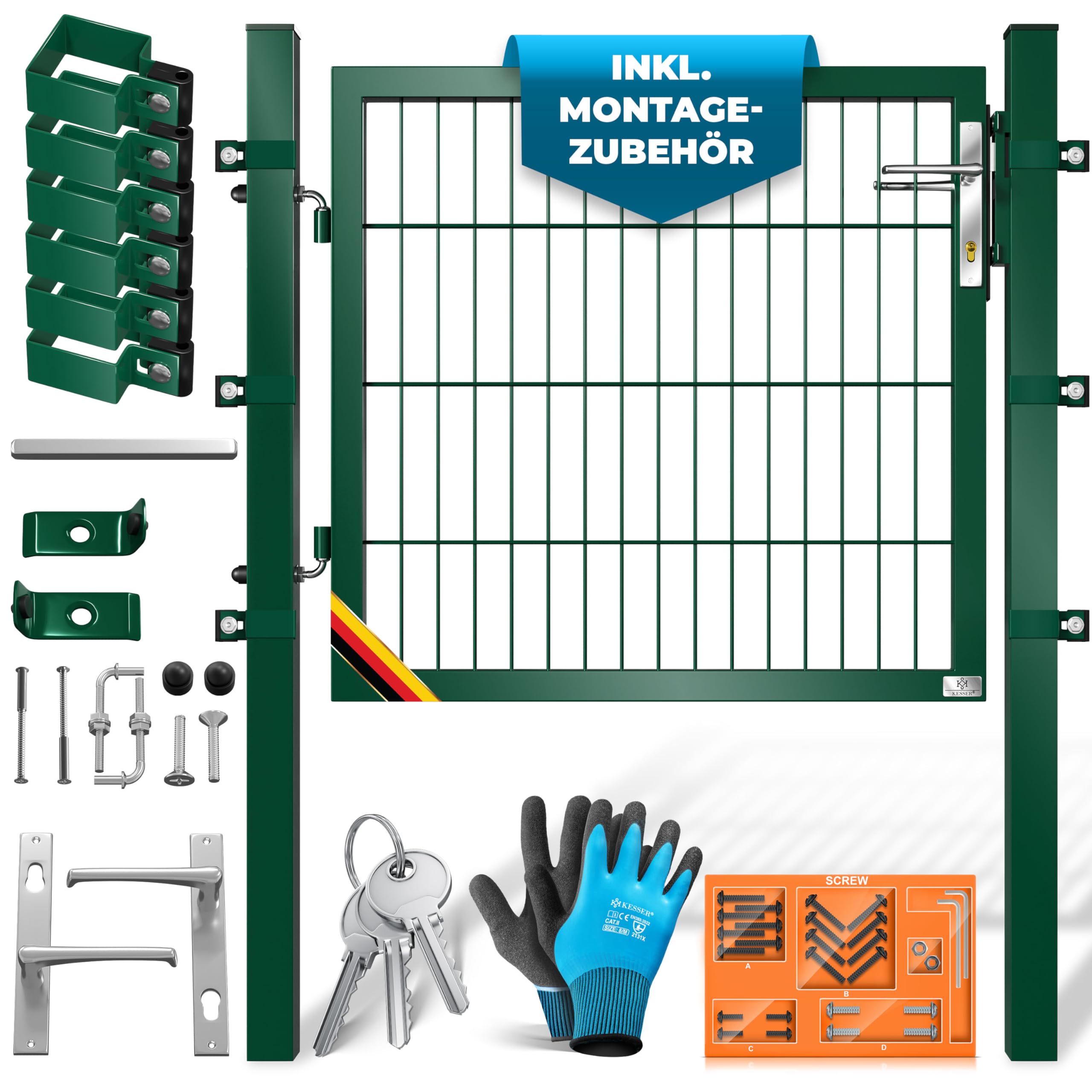 KESSER® Puerta de jardín de acero galvanizado de alta calidad, para jardín, con estaca con cerradura y llave, 80 x 106 cm, color verde