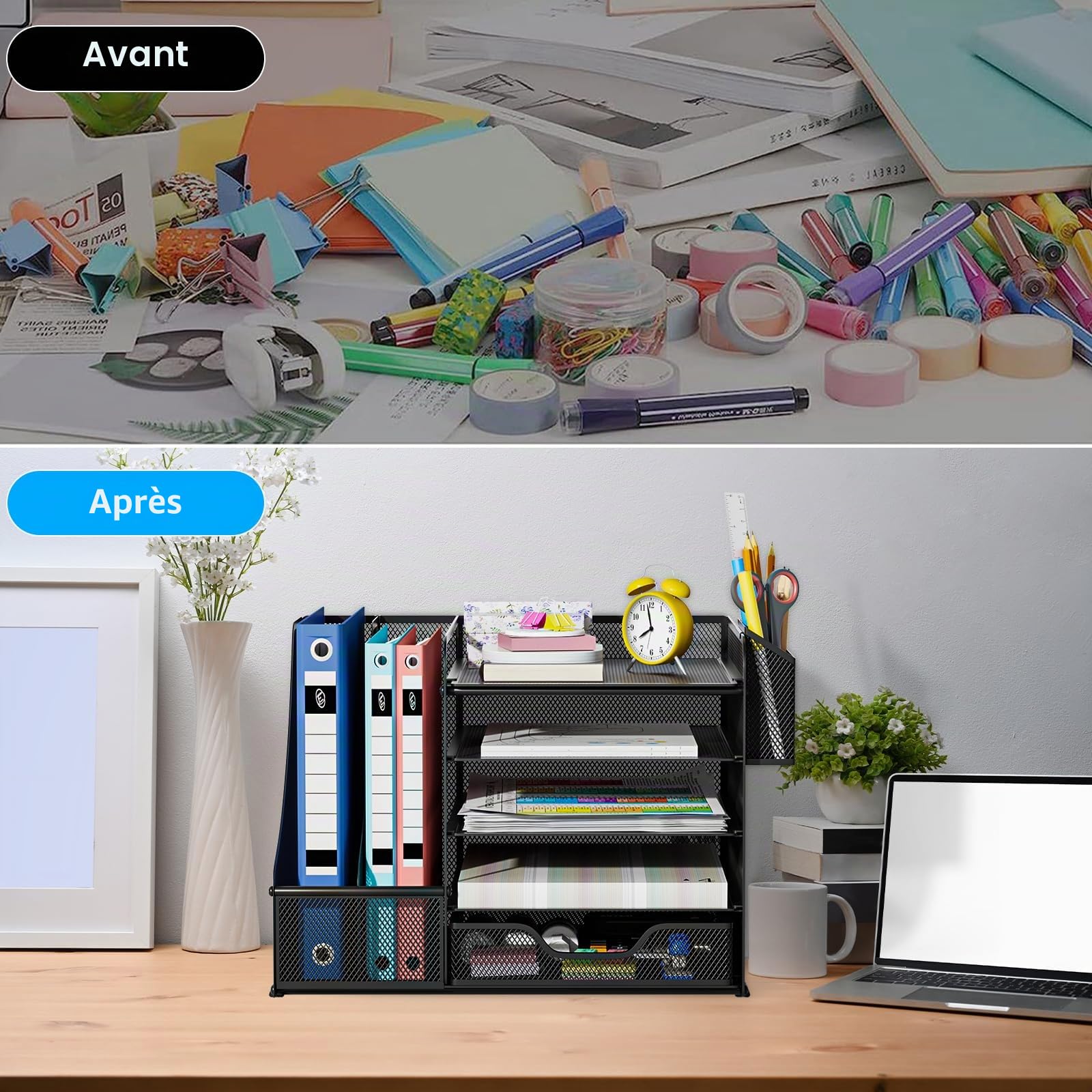 Organisateur de Bureau, Organiseur Bureau, 5-Corbeille a Courrier avec Tiroir, Porte Stylos, Multifonctionnel Rangement pour Bureau Maison