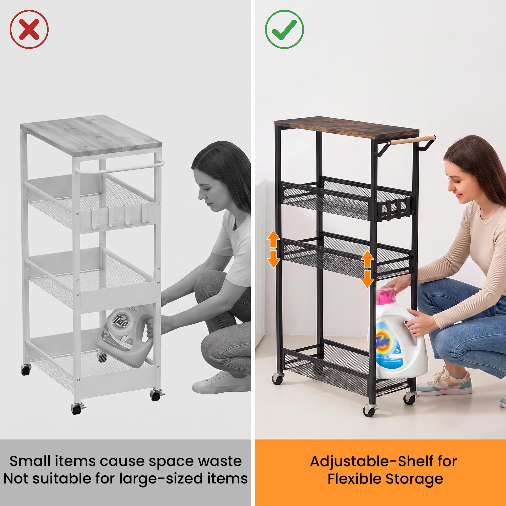 Carrello portaoggetti sottile con ripiano regolabile, 4 ripiani, largo 18 cm, con piano in legno, piccolo scaffale mobile in metallo, organizer per lavanderia, bagno, cucina