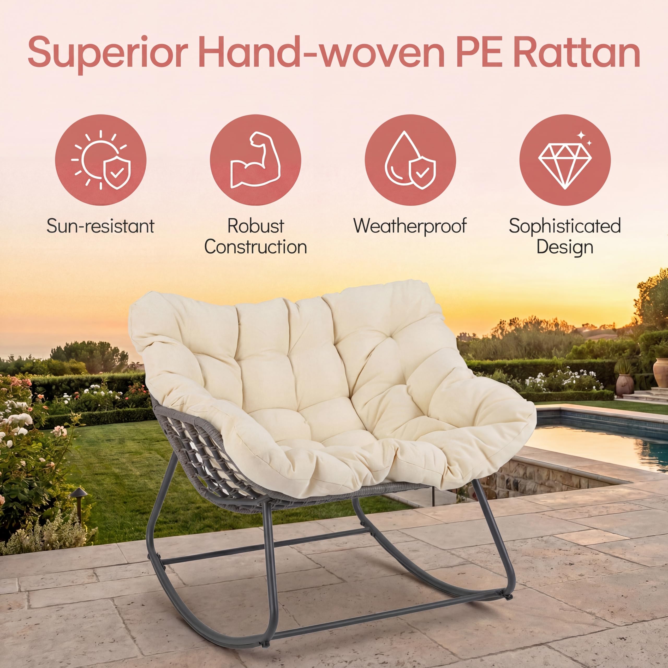 SOARS Fauteuil à Bascule de Jardin, Chaise à Bascule Papasan en Rotin avec Coussin Rembourré et Amovible, Cadre en Métal, Charge 150 KG, pour Intérieur et Extérieur, Salon Balcon Terrasse, Beige