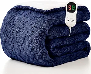 JKMAX Heated Electric Blanket Twin Size-62"x84" Heating Blanket with 10 Heating Levels & 5 Time Settings Over-Heat Protection,Winter Warmer for Adults with ETL Certification(Navy Blue)