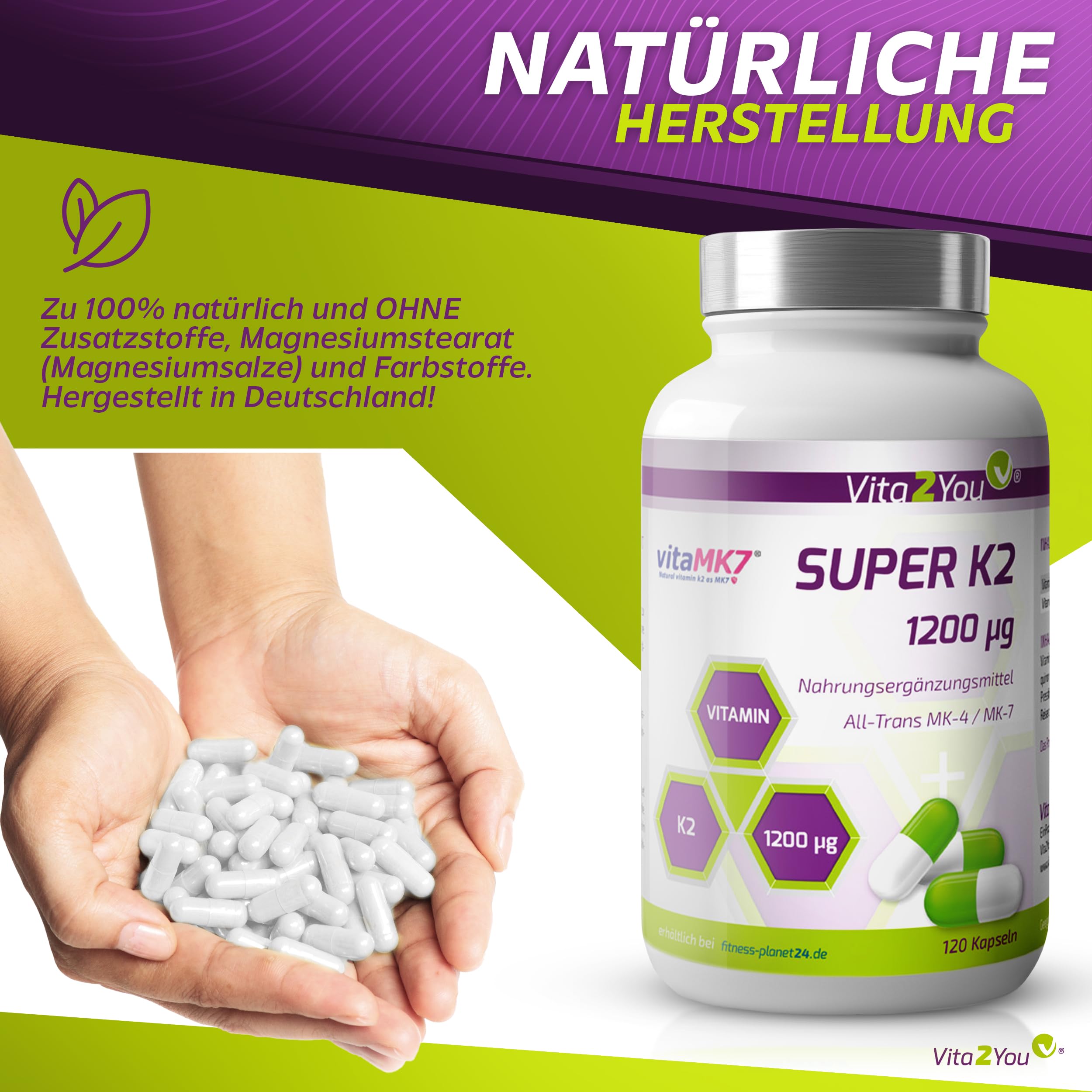 Vita2You Super K2-1200µg Vitamin K2 - Original vitaMK7® - (Natürliches MK-7) mit MK-4 >99% All Trans - 120 Kapseln - Hochdosiert - Premium Qualität