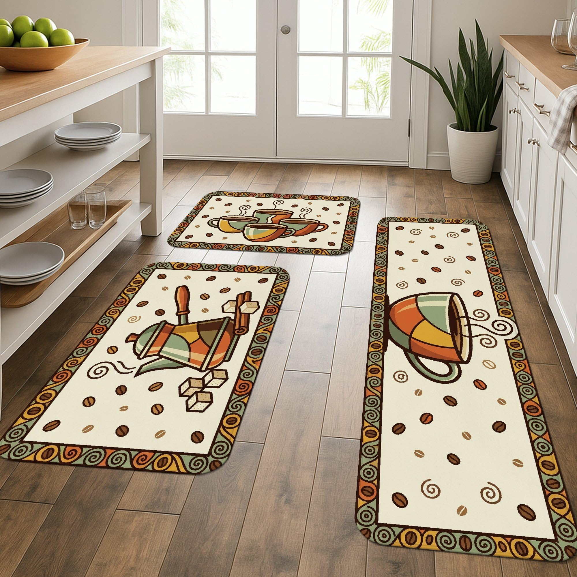 Tapis de cuisine confortable pour sol glissant lot de 3 tapis lavables café