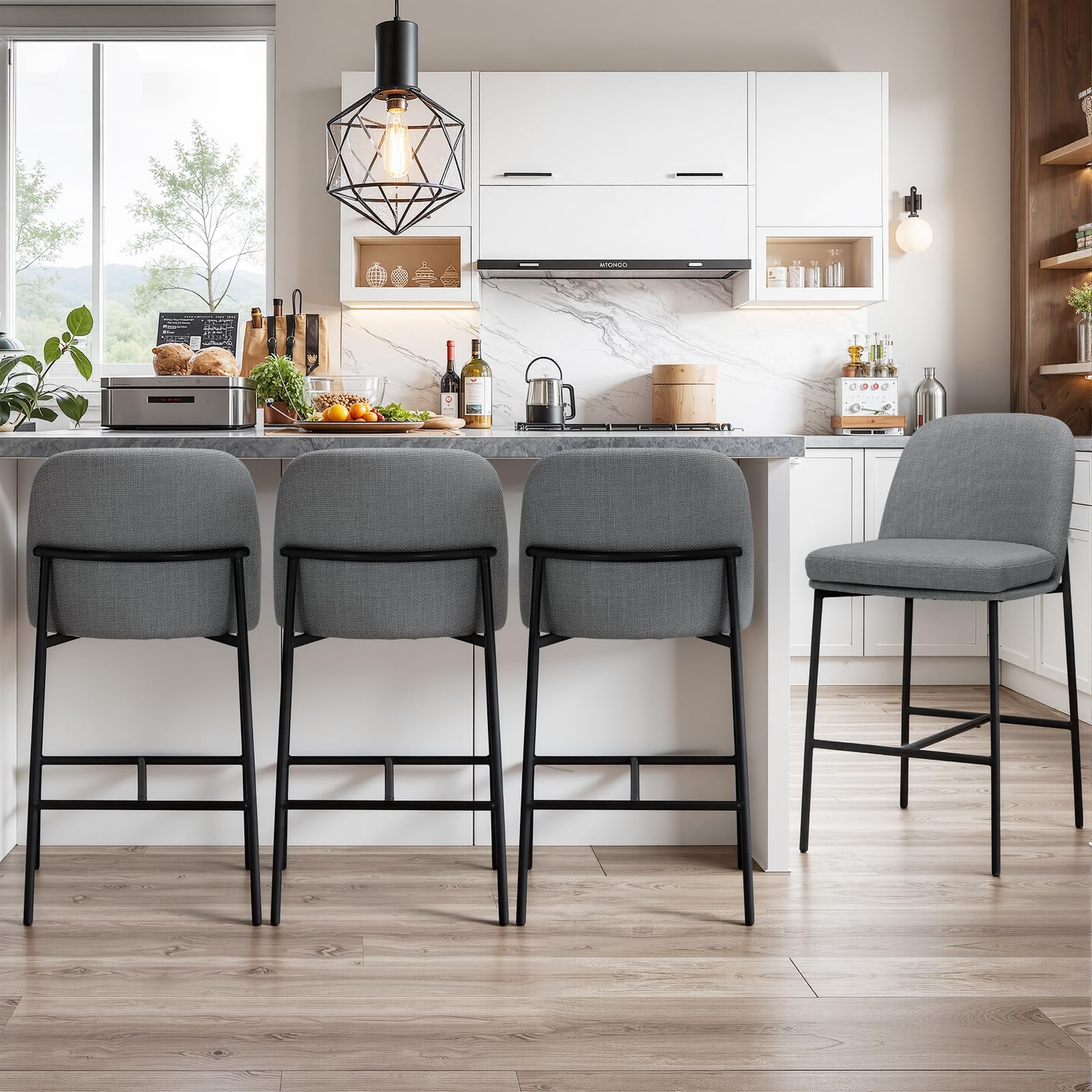 MALOL Bar Stools Set of 4, Modern Upholstered Counter Height Bar Chairs with Cushioned Seat and Curved Back, Fabric Kitchen Island Stools with Sturdy Metal Legs for Dining Room Island Bar, Dark Grey