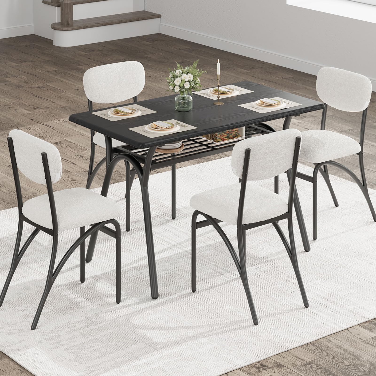 Modern 5-Piece Dining Table Set with Storage - 43.3" Kitchen Table & 4 Upholstered Chairs, Small Space Dining Furniture Set for Breakfast Nook, Apartment, Compact Homes