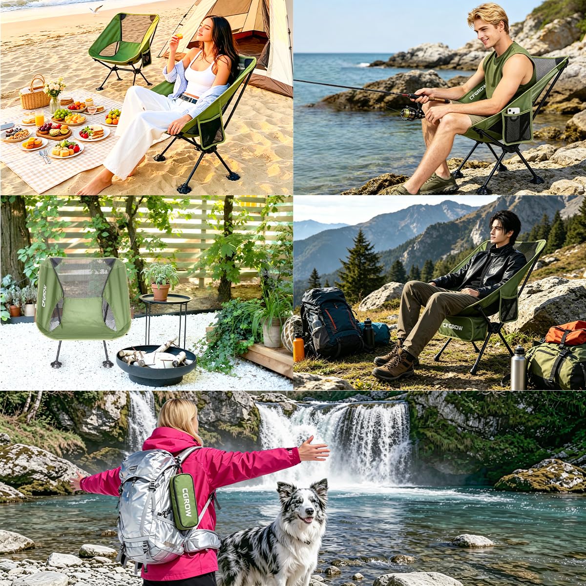 CFGROW Sedia da campeggio pieghevole, portatile, 150 kg, ultraleggera, piccola dimensione, pieghevole, con borsa per il trasporto, per picnic, pesca, giardino, escursioni, viaggi, zaino (verde)