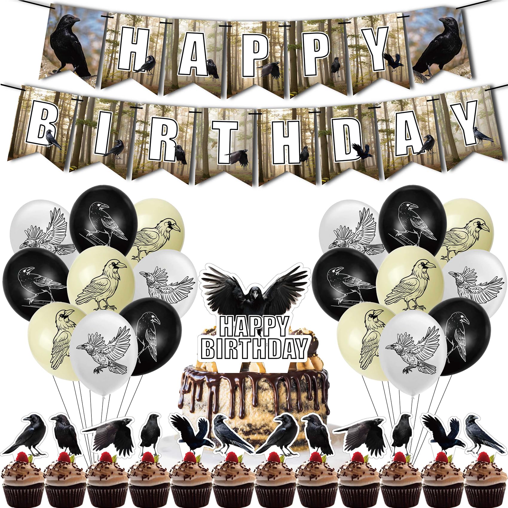 Crow Birthday Party Supplies Black Crow Party Decorations Include HAPPY BIRTHDAY Banner Balloons Cake Topper Cupcake Toppers for Crow Halloween Party