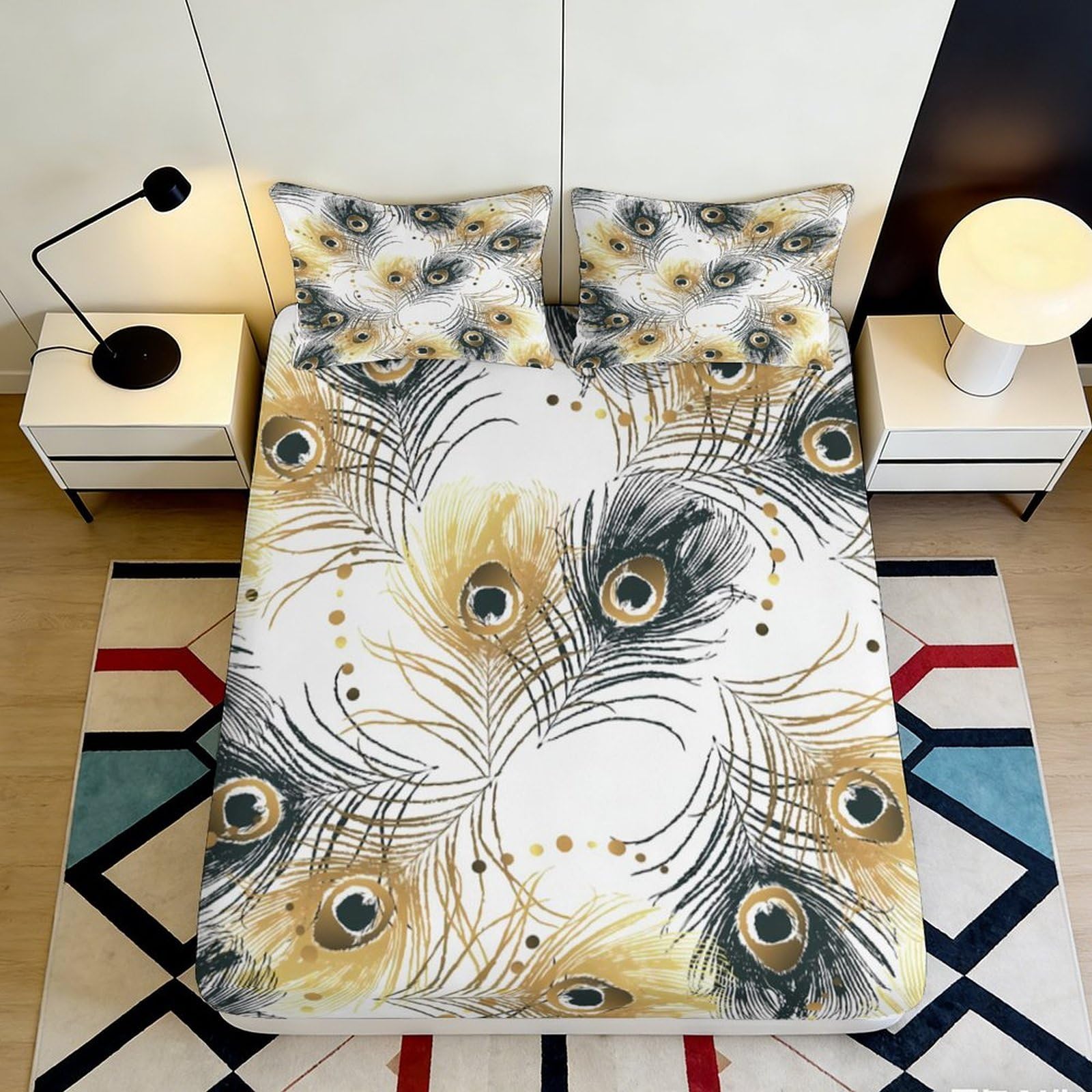 3D Printed Peacock Feather Fitted Sheet Microfiber Non-Slip Mattress Cover Gold Black Decorative for Bedroom Dorm 180x200x25cm
