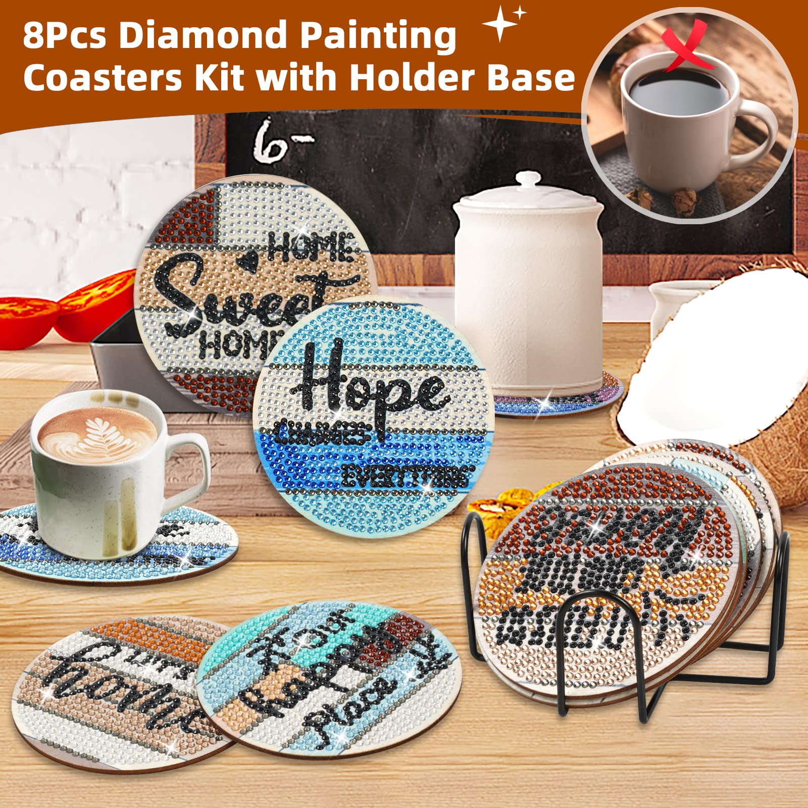 Diamond Painting Onderzetters Set - 8 Stuks Diamond Art DIY Oceaan Schilderij Glazen Onderzetters met Houder voor Ronde Drankjes, Kopjes, Keuken, Tafel