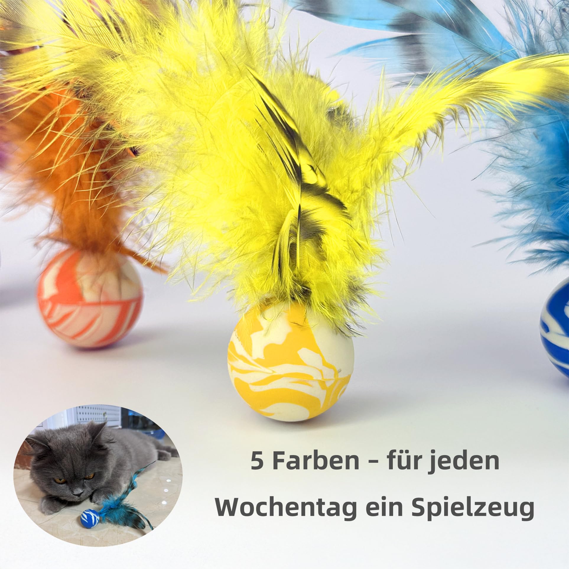 Katzenspielzeug Federbälle – 5er Set robuste Gummibälle mit Federn für Wohnungskatzen, interaktives Rollen- und Jagdspiel für aktive Katzen und Kätzchen