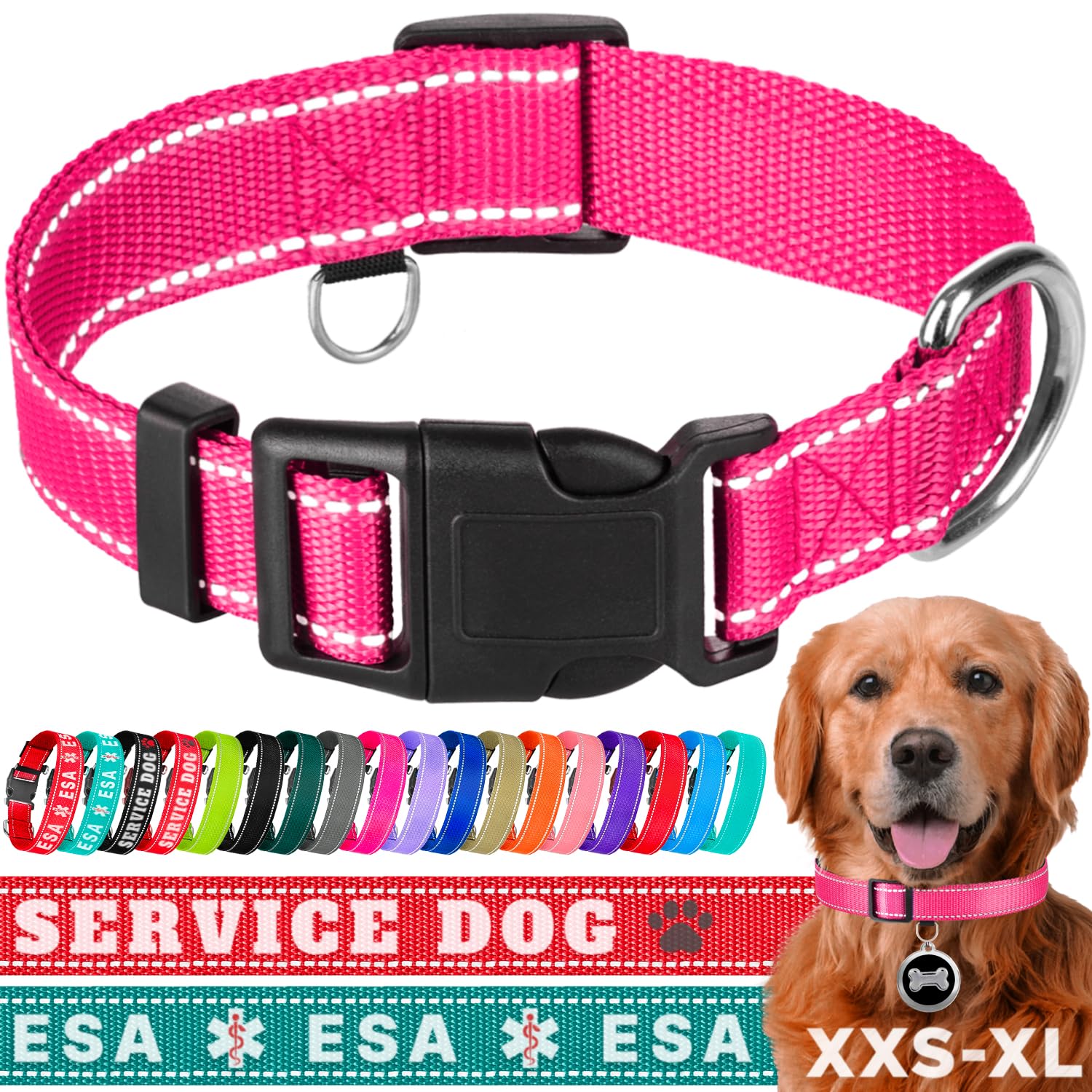 TECEUMTECEUM Reflective Dog Collar – Hot Pink – L – Basic Nylon Pet Collar – Quick Release Buckle – Fits Small, Medium and Large Dogs, Puppies, Cats – ESA & Service Dog Options