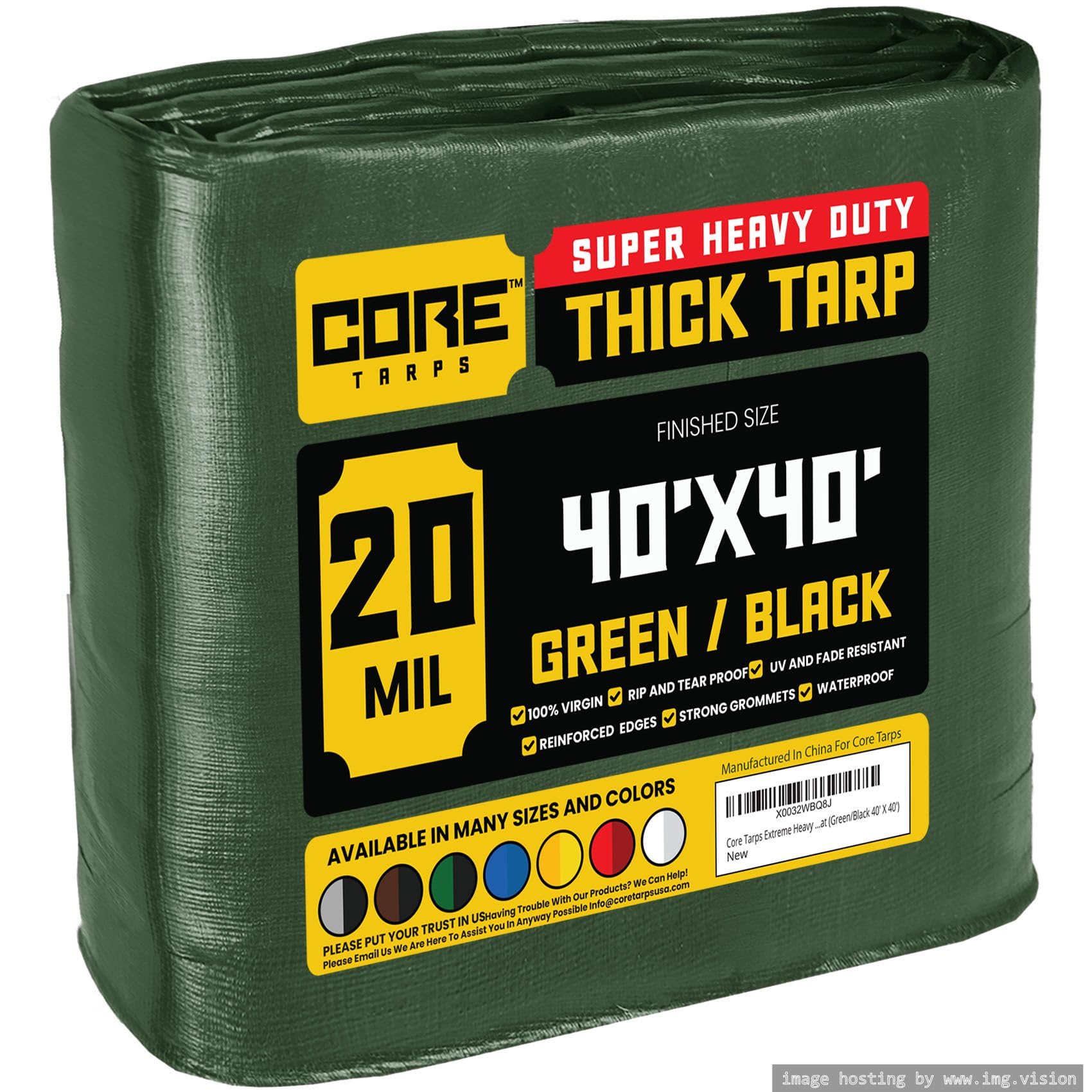 Core Tarps Extreme Heavy Duty 20 Mil Tarp Cover, Waterproof, UV Resistant, Rip and Tear Proof, Poly Tarpaulin with Reinforced Edges for Roof, Patio, Pool, Boat (Green/Black 40′ X 40′)