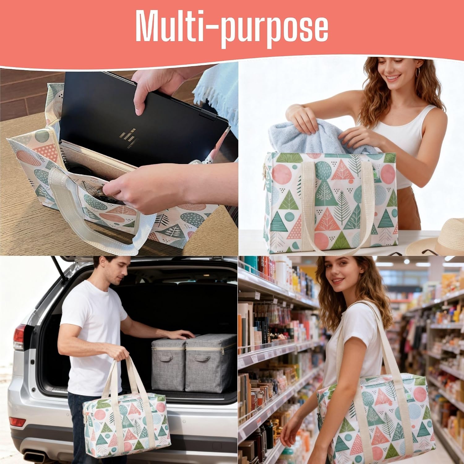 VENO 2 Pack Utility Tote Reusable Grocery Bags with Zipper & Hard Bottom image 2
