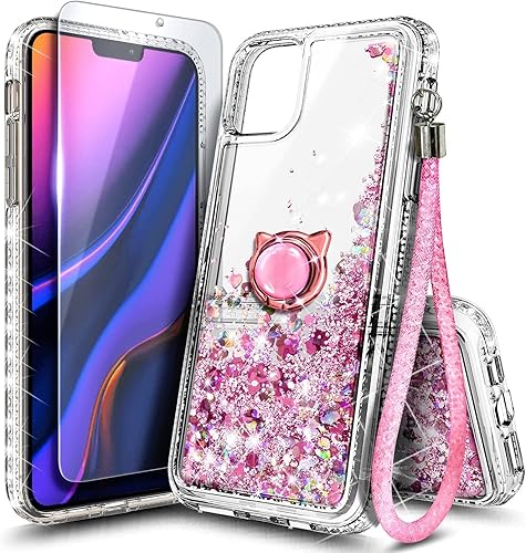 NGB - Funda compatible con iPhone 11, protector de pantalla de vidrio templado, soporte de anillocorrea de muñeca, para niñas y mujeres, con