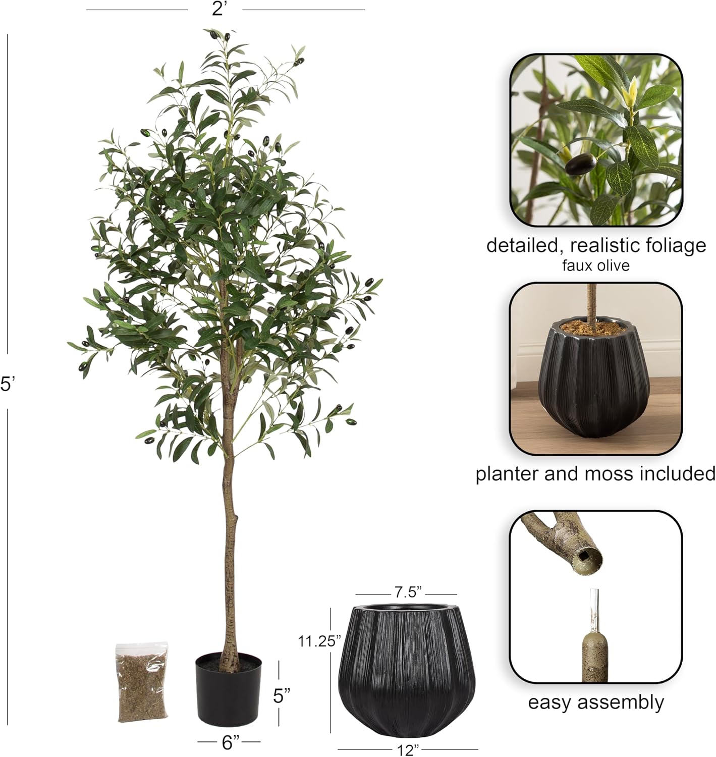 Kate and Laurel Oliveira Faux Olive Tree with Claudel Scalloped Planter Pot, 5 FT, Black, Potted Artificial Olive Plant Tree with Realistic Foliage and Added Moss, Fake Plant for Living Room Decor