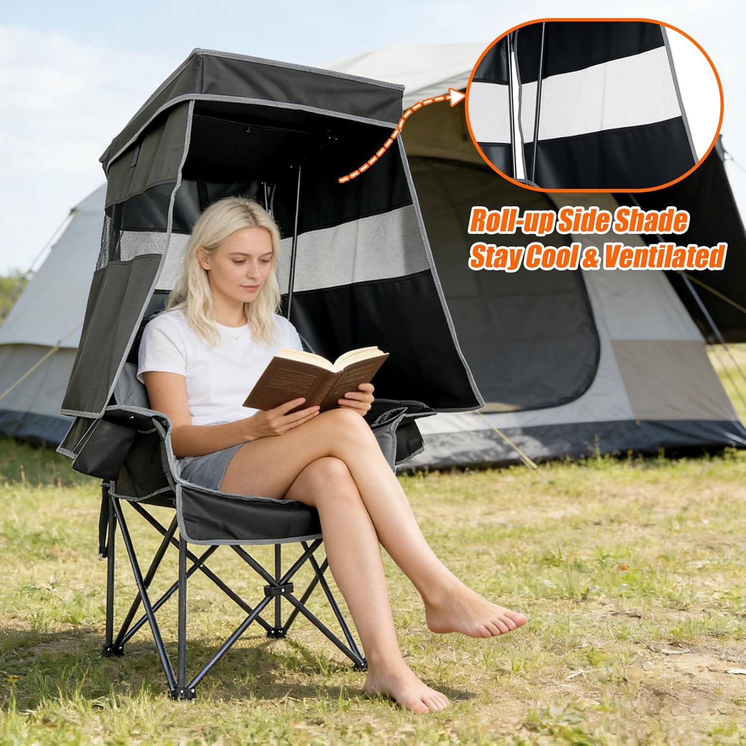 Camping Chair with Canopy Shade Heavy Duty Folding Chair with Umbrella Cup Holder Oversized Beach Chairs with Canopy for Adults Portable Padded Outdoor Lawn Chair for Sports Events Fishing, 500LBS