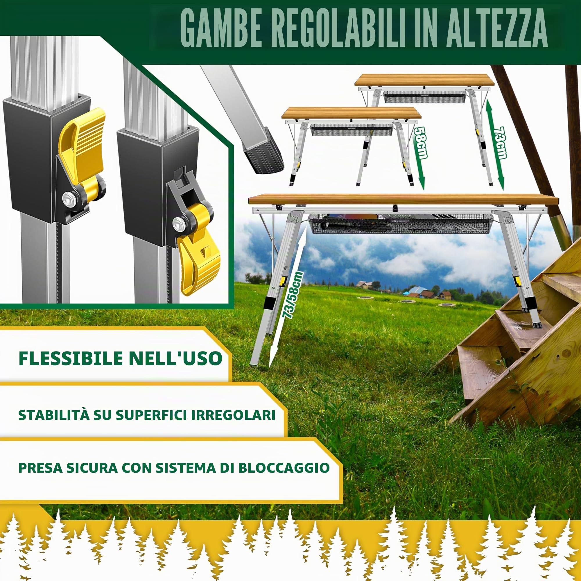 KESSER® Tavolo da Campeggio Pieghevole Tavolo Pieghevole Tavolo da Campeggio con Telaio in Alluminio Piano del Tavolo Arrotolabile Tavolo Pieghevole con Regolazione dell'altezza