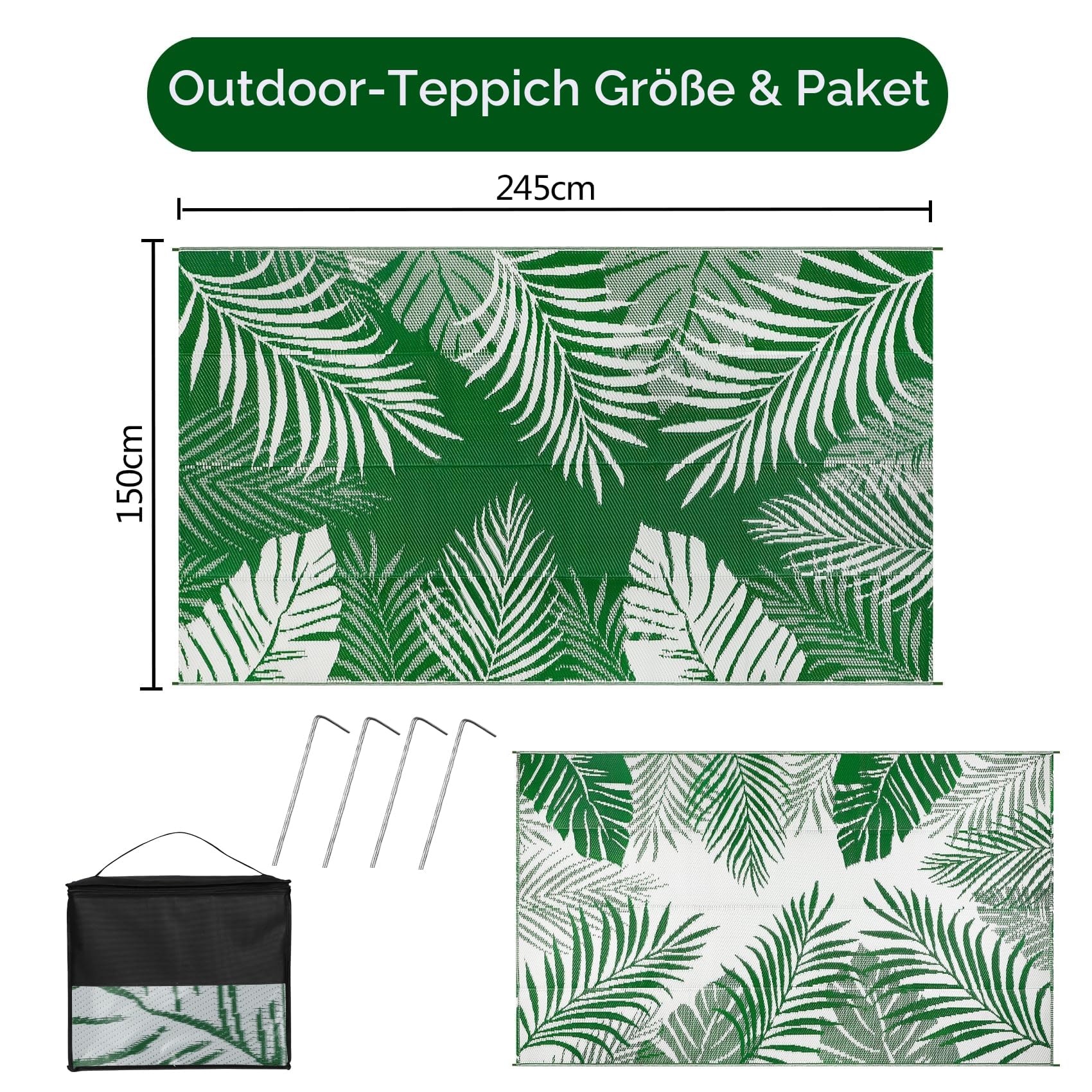 Cekene Outdoor Teppich Wetterfest Grün 150x245cm Outdoorteppich Camping Wasserfest UV-Beständig Terrasse Teppich Plastik Leichtgewicht Teppich für Draußen Balkon Garten