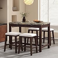 Vista 38 de Juego de mesa de comedor de 3 piezas con altura de mostrador, juego de comedor de madera maciza con 2 taburetes tapizados, mesa de comedor